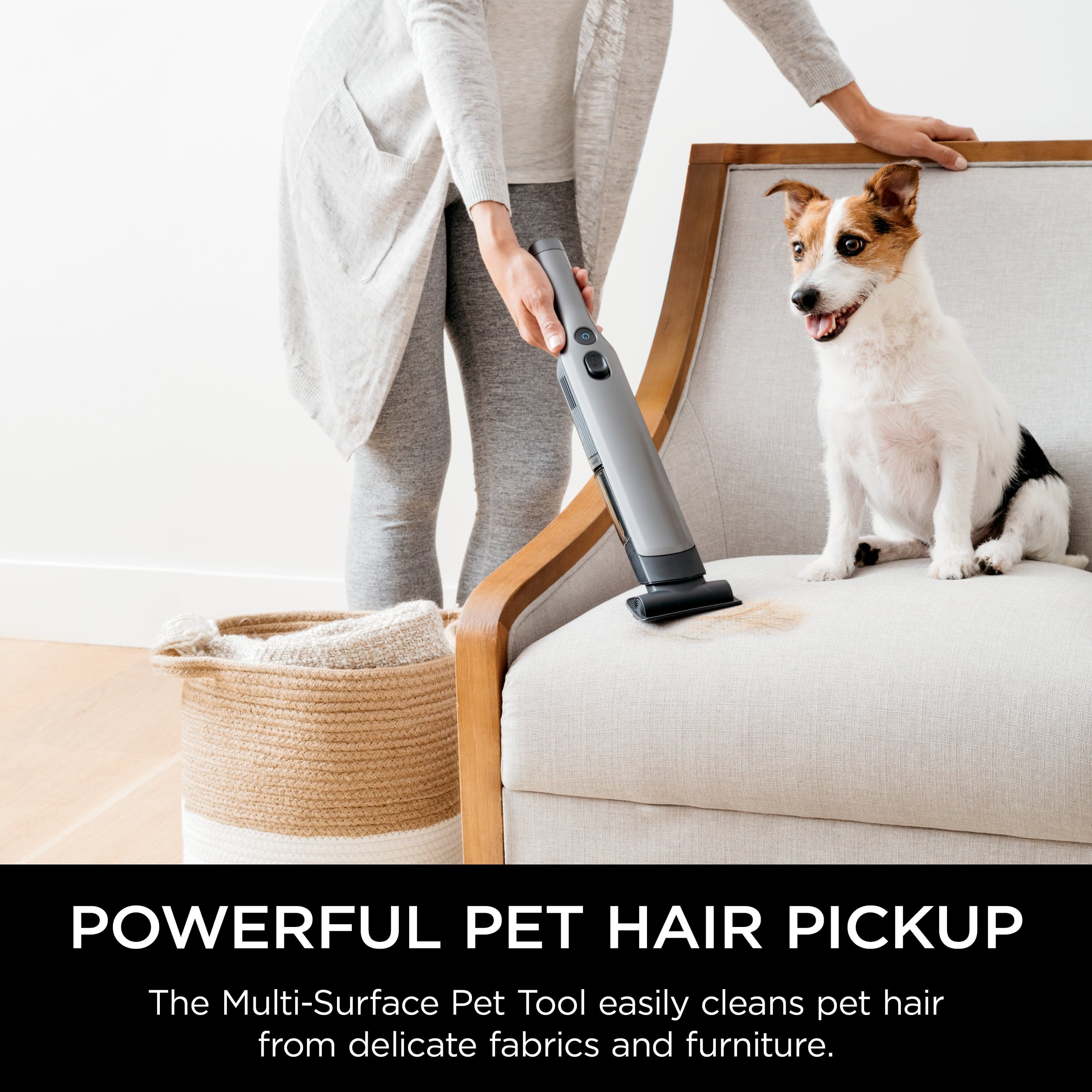 The Multi-Surface Pet Tool easily cleans pet hair from delicate fabrics and furniture.
