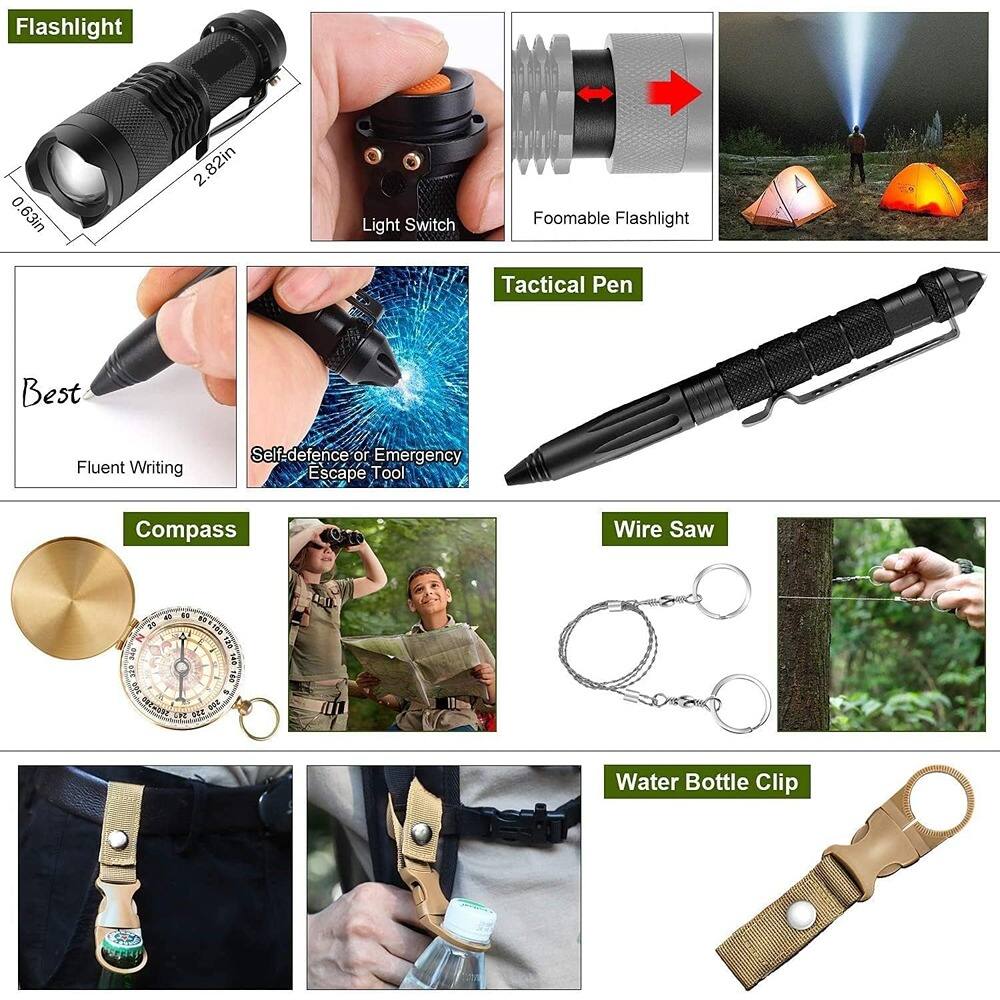 Flashlight  
0.63in x 2.82in  

Light Switch  

Foomable Flashlight  

Tactical Pen  

Fluent Writing  

Self-defense or Emergency Escape Tool  

Compass  

Wire Saw  

Water Bottle Clip
