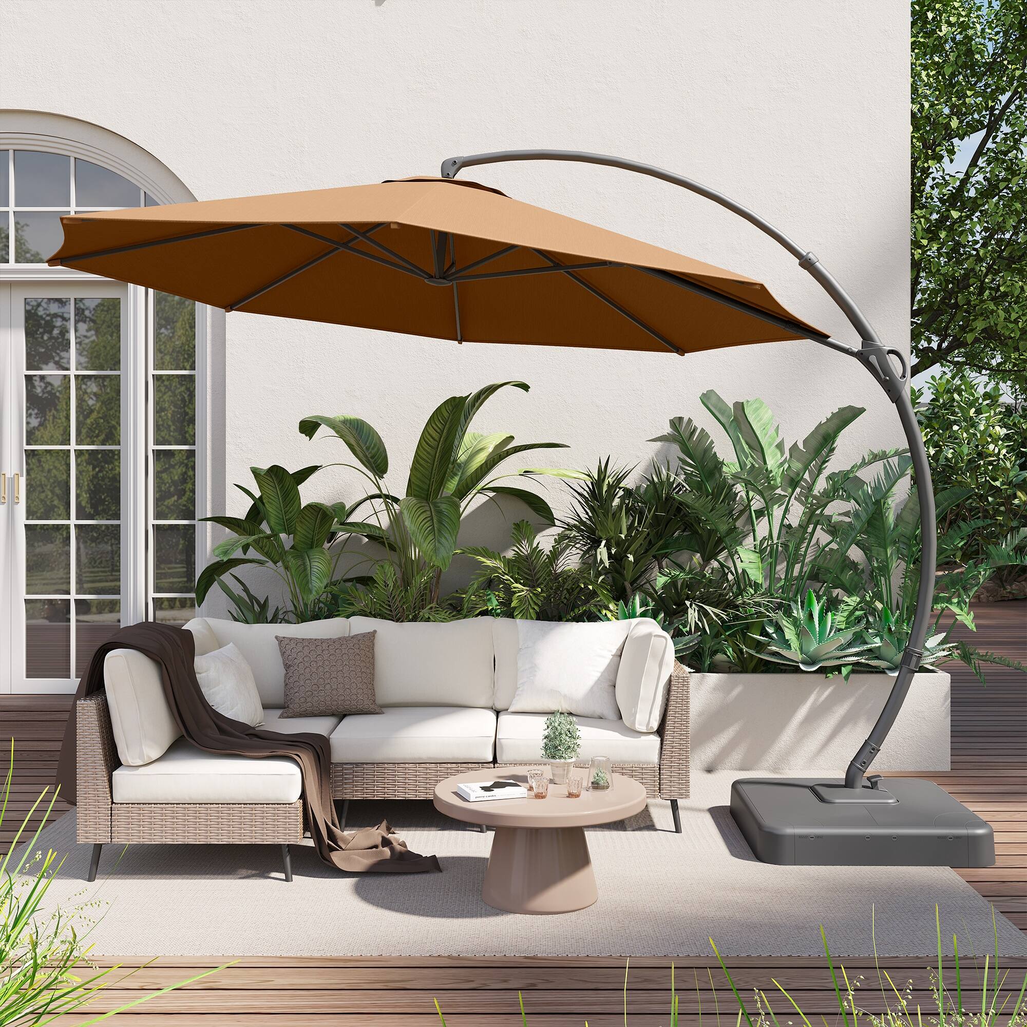 Angle. Decksplore - Outdoor Patio Umbrella with Base included, 10 FT Deluxe Curvy Cantilever Umbrella Offset Hanging umbrella - Brownness.