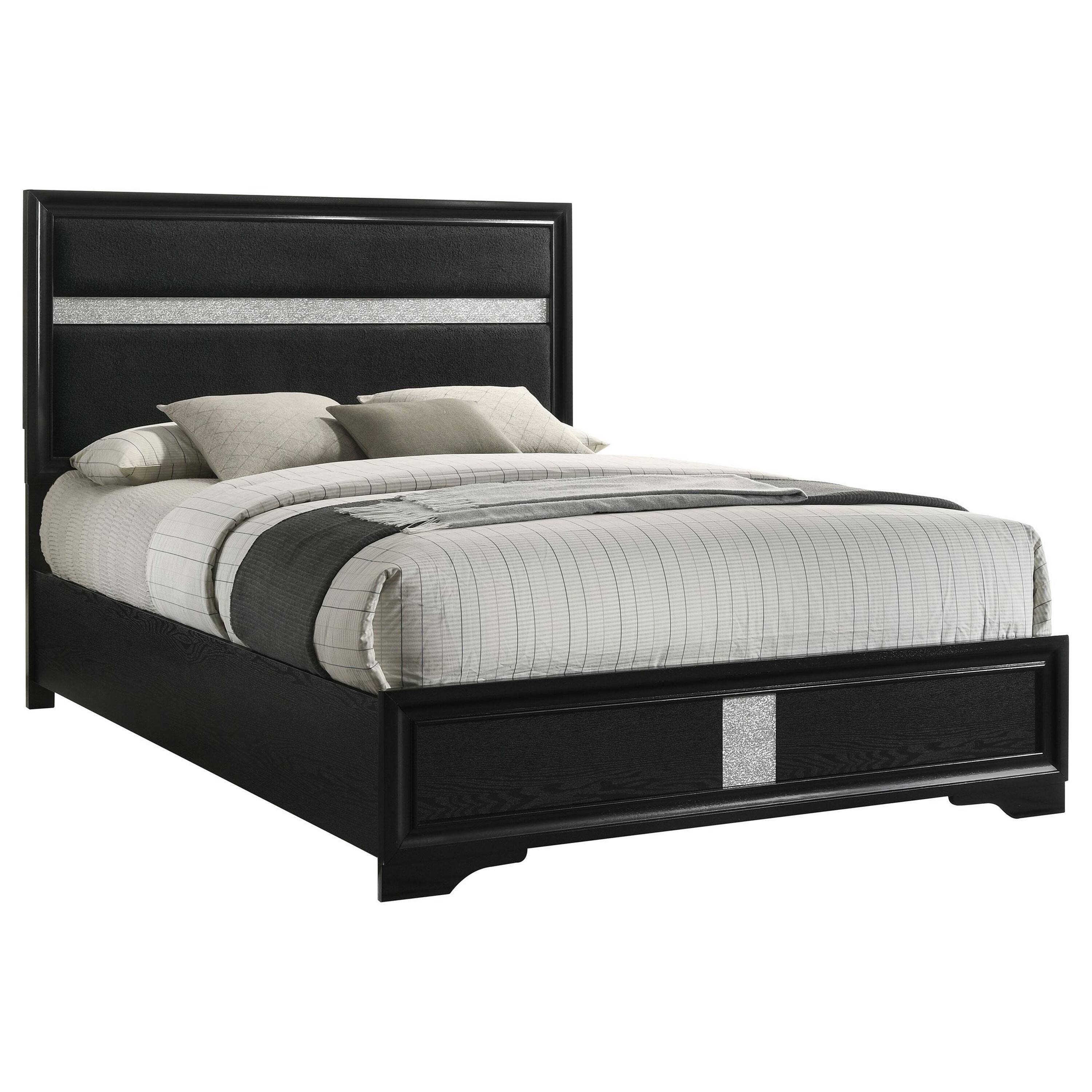 Alt View 1. Manhattan Lane - Vino Queen Size Bed, Panel Headboard, Black Upholstery, Glitter Stripe - Black.