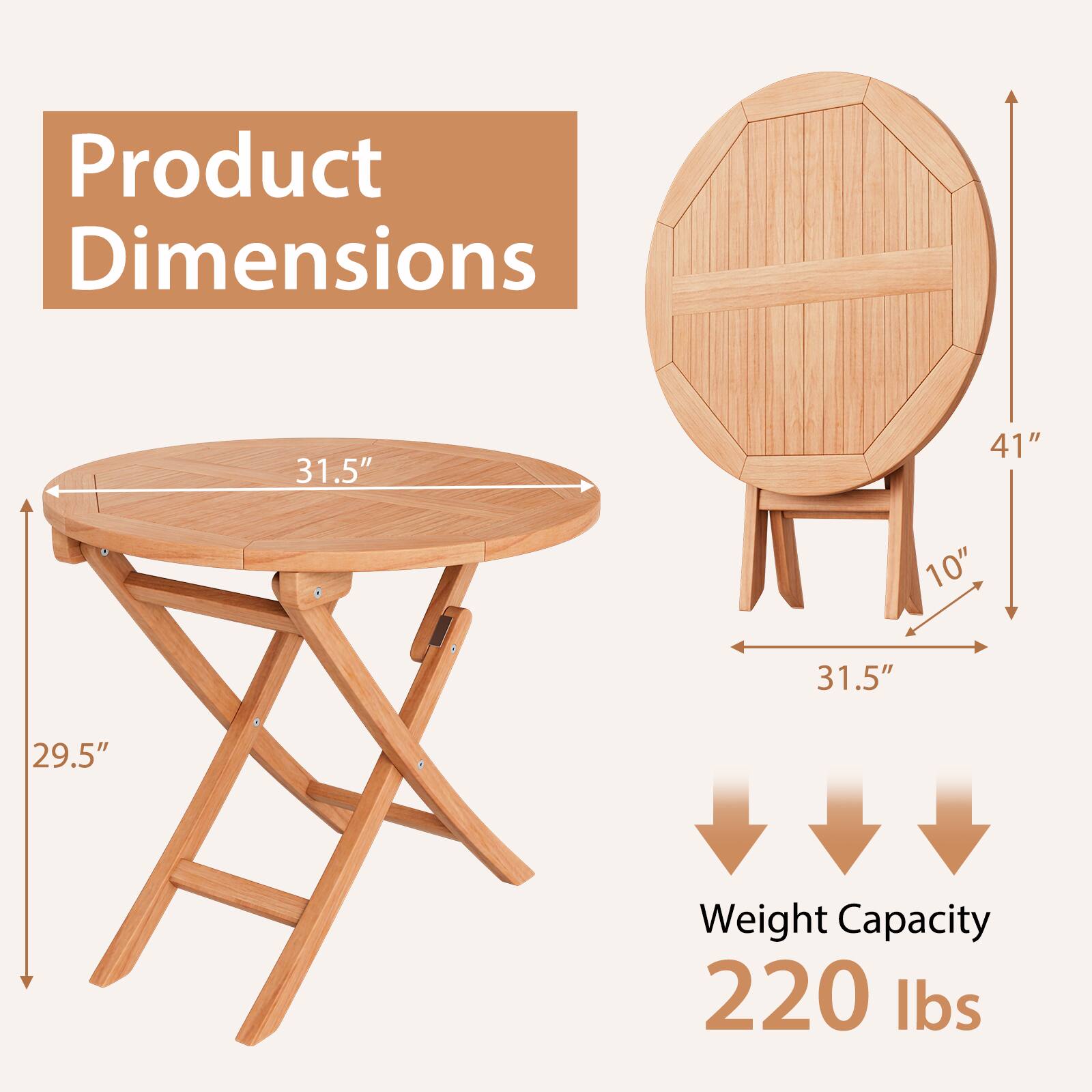 Product Dimensions  
31.5" x 41" x 10" x 31.5" x 29.5"  
Weight Capacity 220 lbs