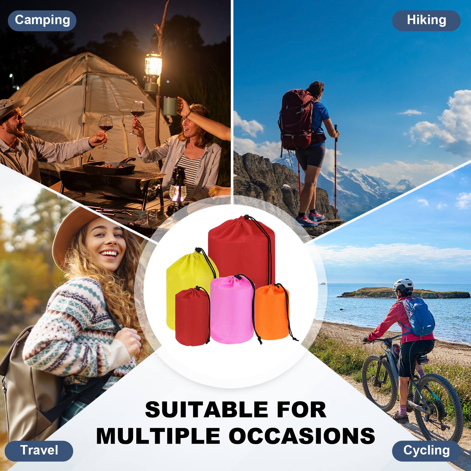 Camping  
Hiking  
SUITABLE FOR MULTIPLE OCCASIONS  
Travel  
Cycling