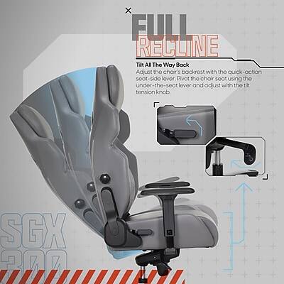 FULI RECLINE  
Tilt All The Way Back  
Adjust the chair's backrest with the quick-action seat-side lever.  
Pivot the chair seat using the under-the-seat lever and adjust with the tilt tension knob  
SGX 200