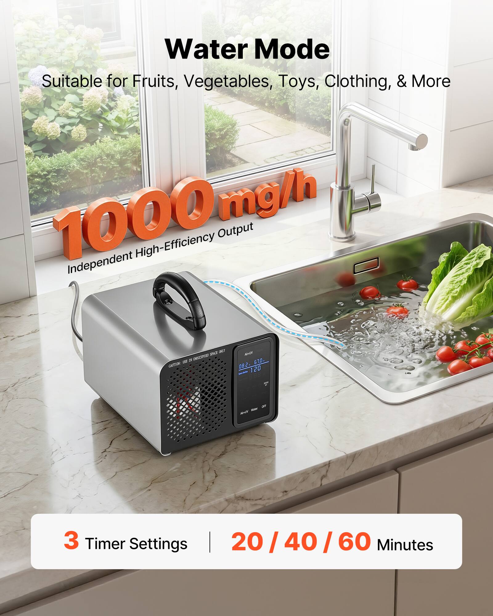 Water Mode Suitable for Fruits, Vegetables, Toys, Clothing, & More  
1000 mg/h Independent High-Efficiency Output  
3 Timer Settings: 20 / 40 / 60 Minutes