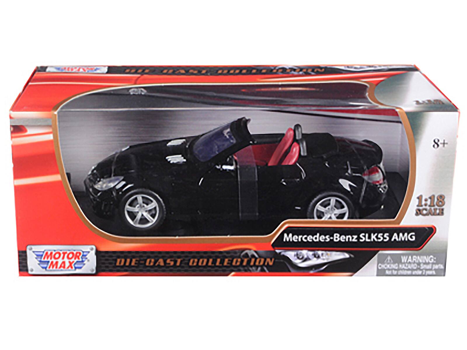 Sure, here is the corrected and grouped text from the image:

---

**MOTOR MAX DIE-CAST COLLECTION**

**Mercedes-Benz SLK55 AMG**

**1:18 SCALE**

**8+**

**WARNING: CHOKING HAZARD - Small parts. Not for children under 3 years.**

---