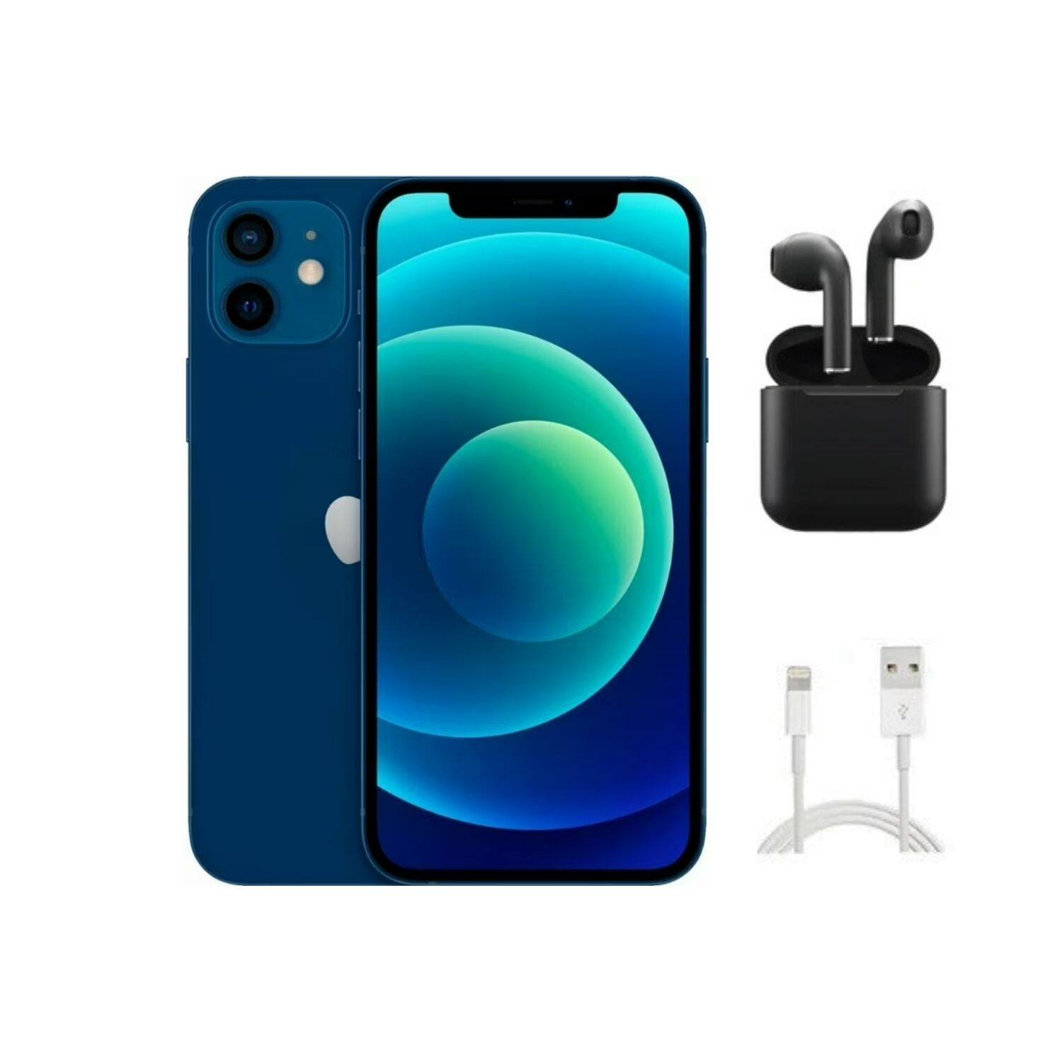 Front. Apple - iPhone 12 Mini A2176 (Fully Unlocked) 64GB w/ Wireless Earbuds - Blue.