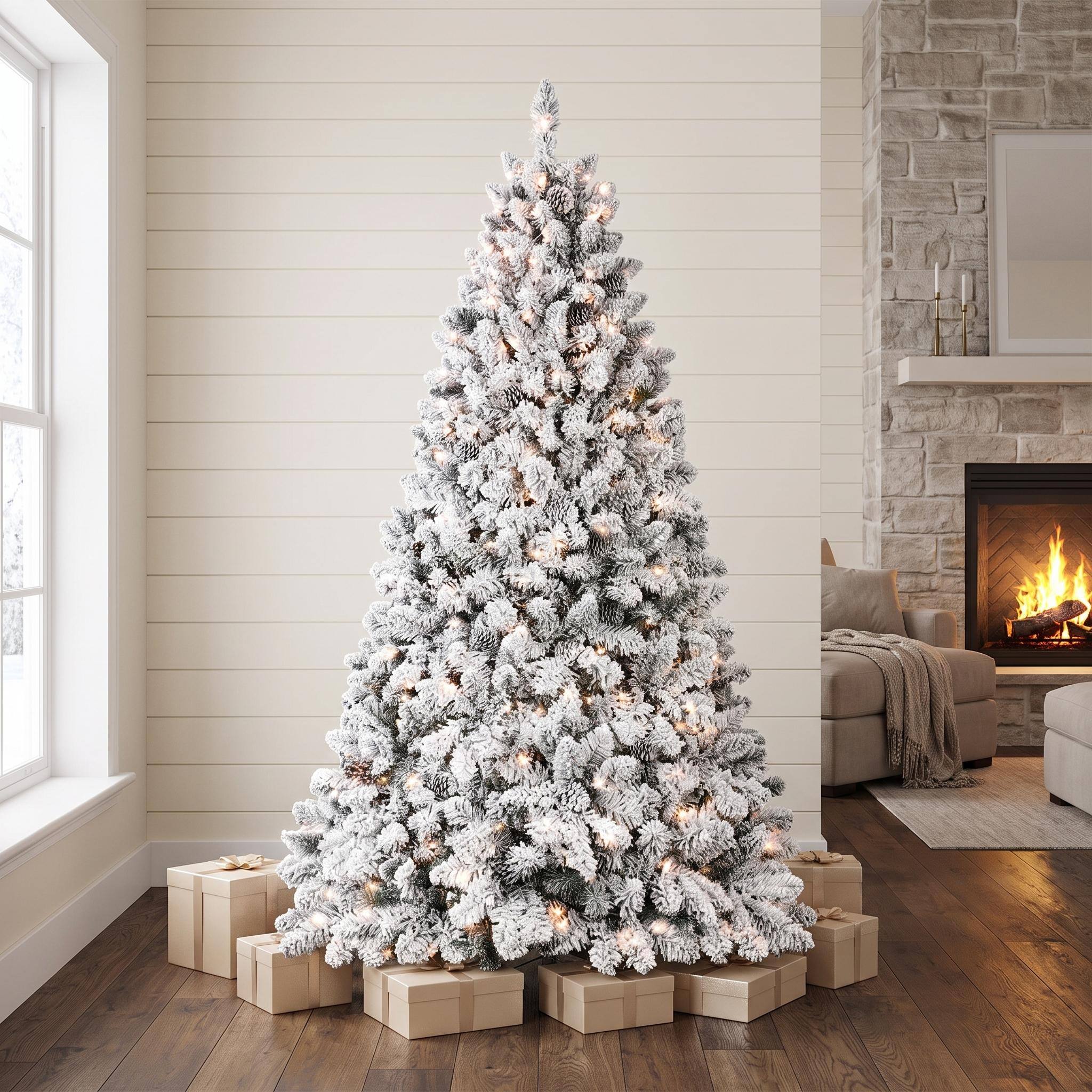 Angle. Forest'nSky - 5 ft. Flocked PVC Christmas Tree with 300 UL Lights and 27 Natural Pine Cones, 600 Tips - Green,White.