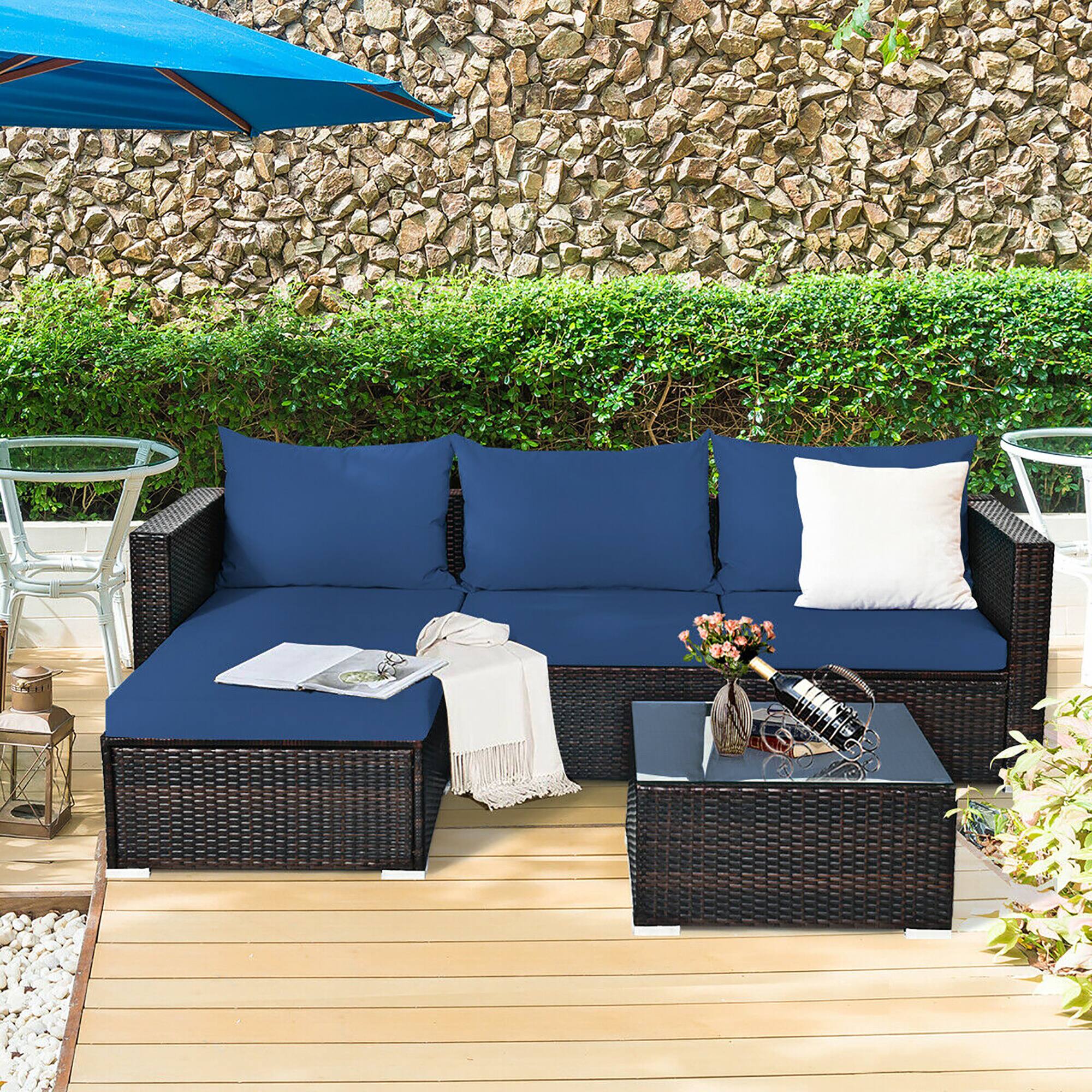 Alt View 1. Costway - Costway 5PCS Patio Rattan Furniture Set Sectional Conversation Sofa w/ Coffee Table - Navy.