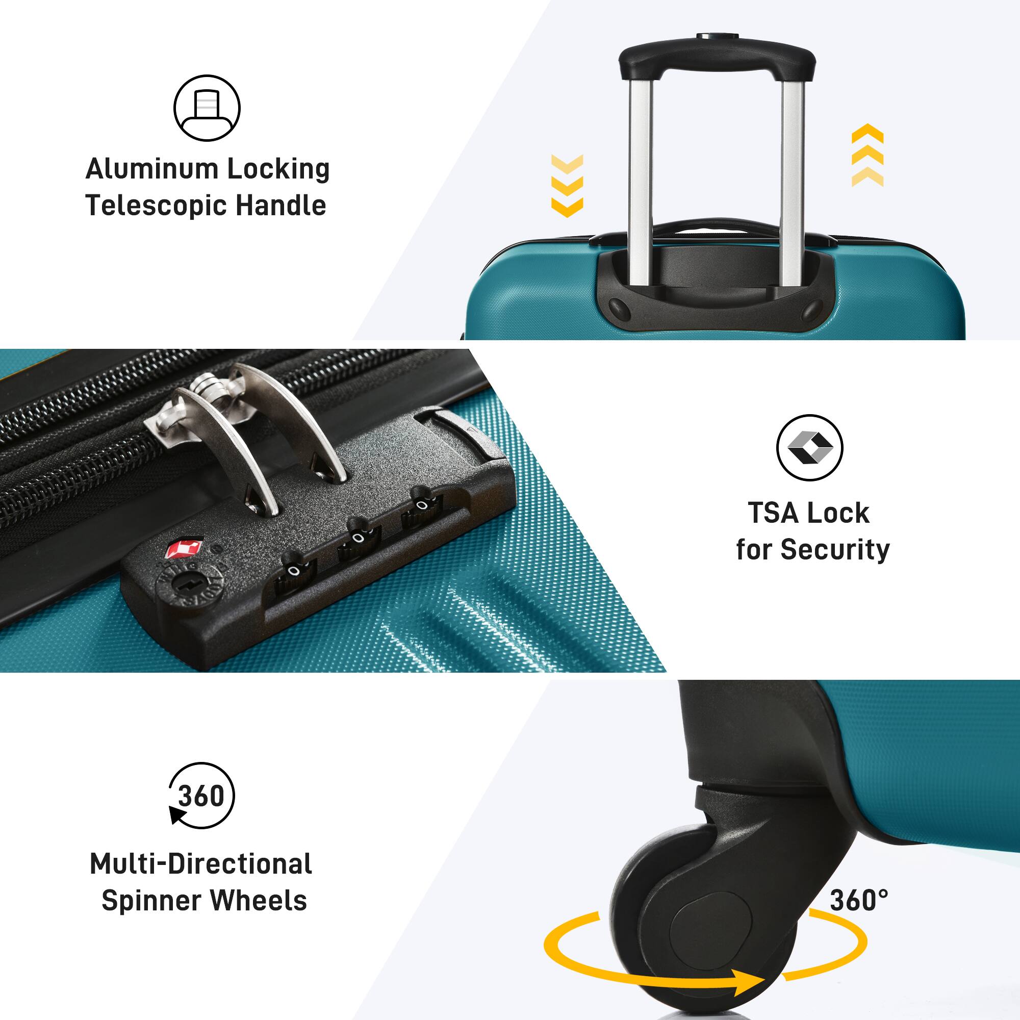 - Aluminum Locking Telescopic Handle
- TSA Lock for Security
- Multi-Directional Spinner Wheels