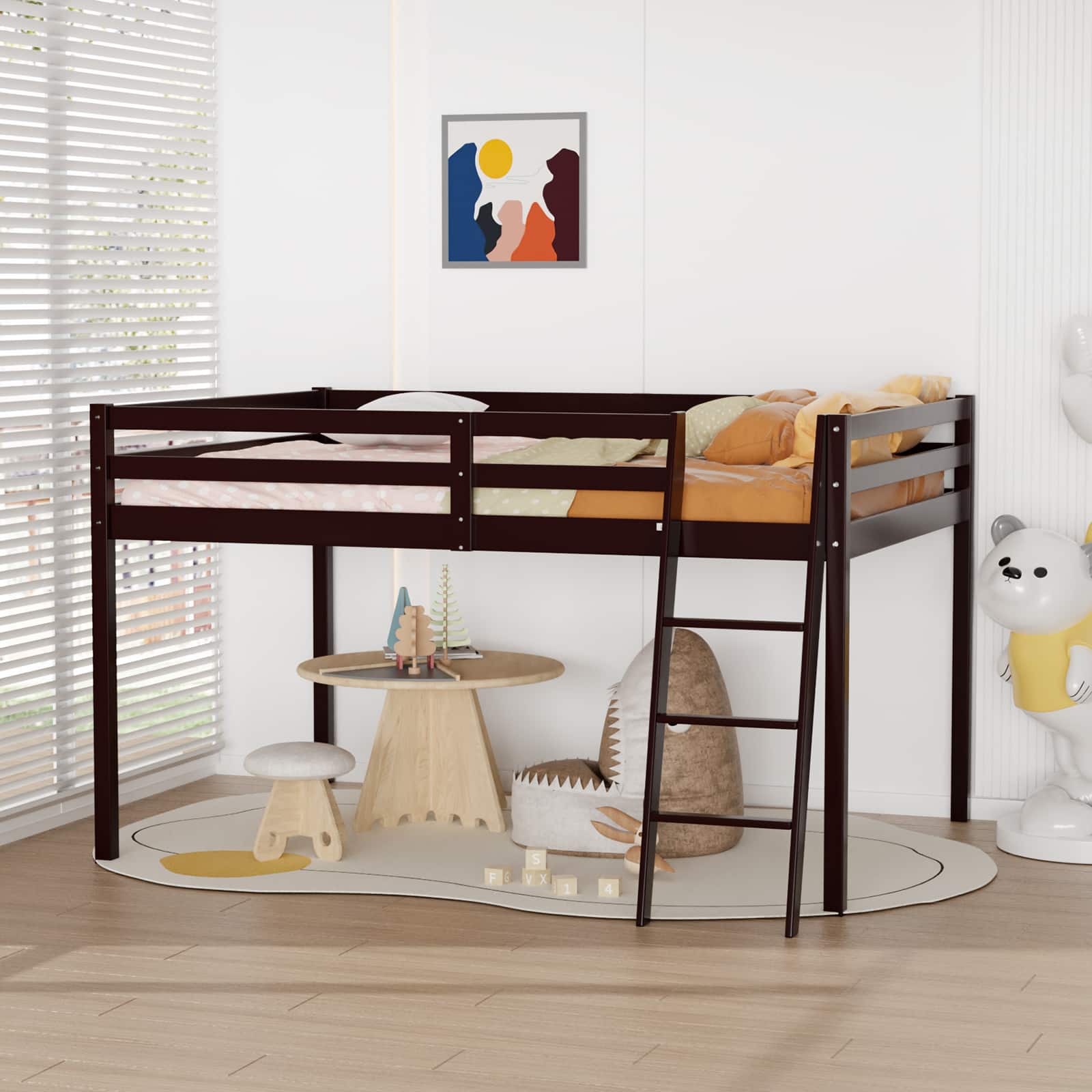 Photos - Bed Junior Winado - 47''  Low Loft  with Stairs, Wood Loft  Full Size for Adults, Kids and Young Teens, No Box Spring Requi 