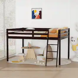 Winado - 47'' Junior Low Loft Bed with Stairs, Wood Loft Bed Full Size for Adults, Kids and Young Teens, No Box Spring Required - Espresso