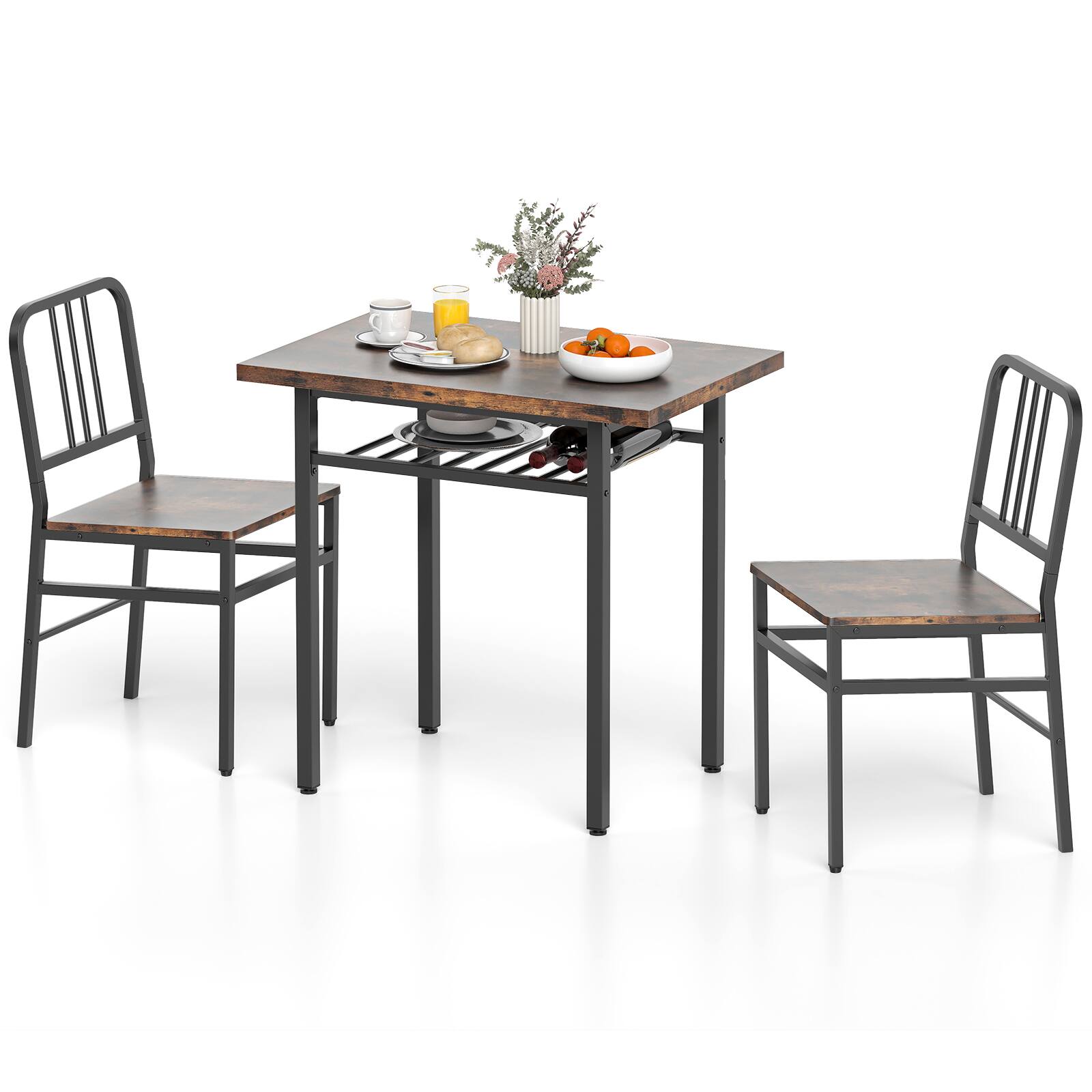 Alt View 8. Gymax - Gymax 3-Piece Rectangular Dining Table&Chairs Set Wooden Breakfast Nook w/Storage Rack Rustic Brown & Black - Brown.