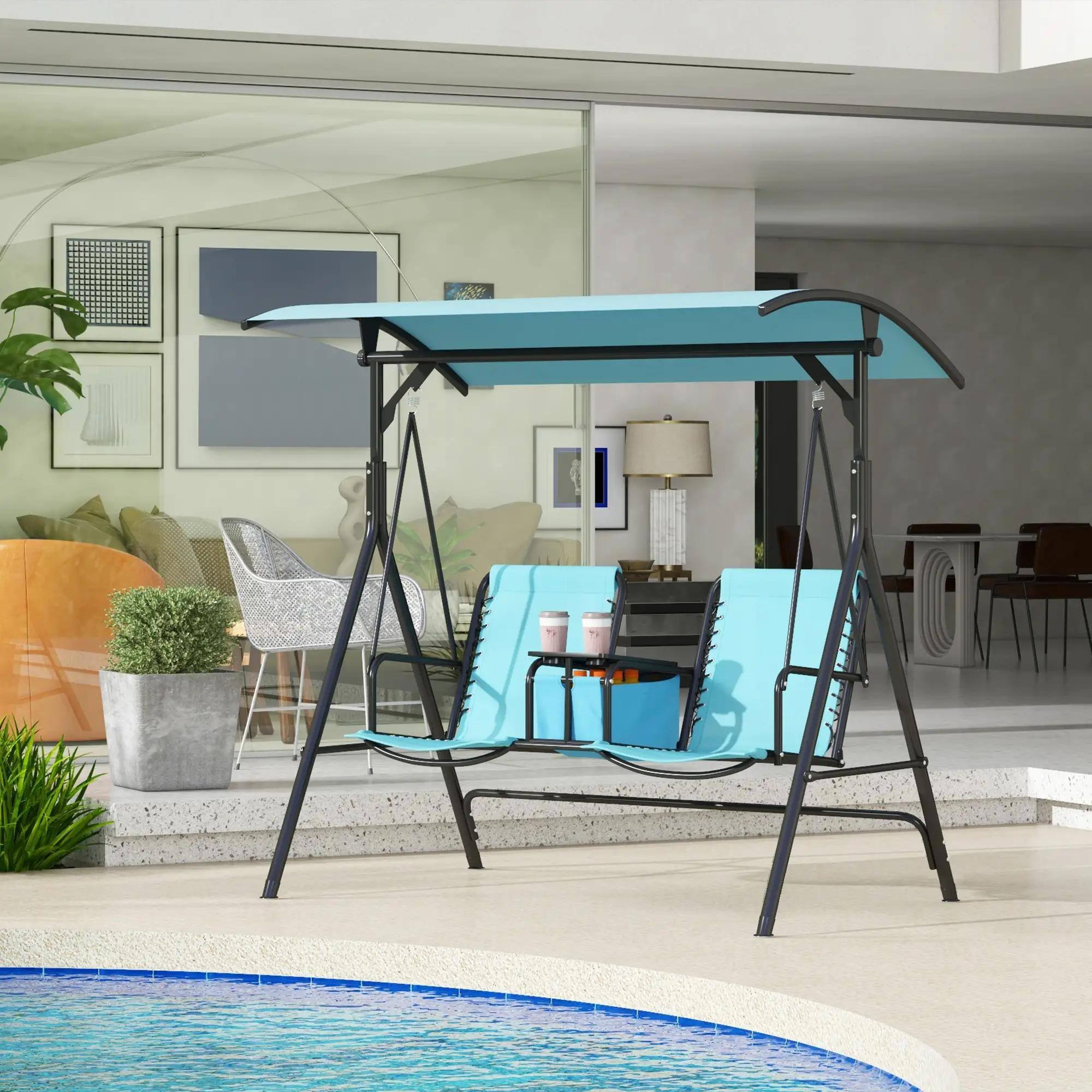 Alt View 7. Resenkos - Resenkos 2-Person Swing With Canopy, Storage, Cup Holder, Blue, Outdoor Porch Seating, Blue.