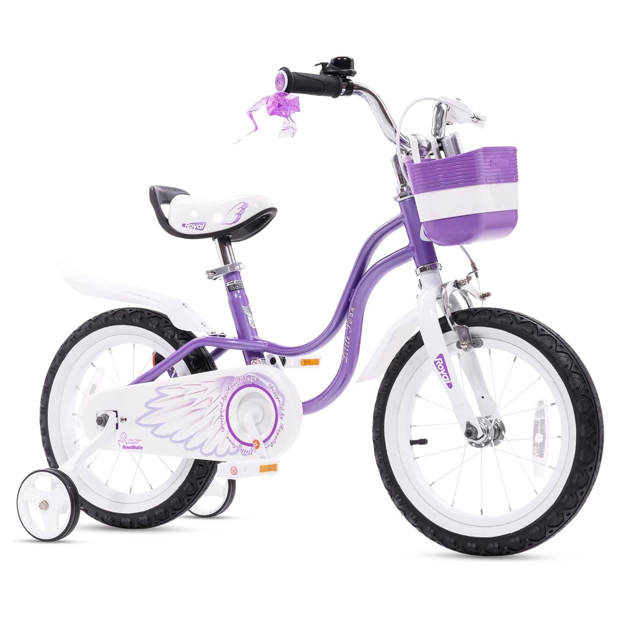 RoyalBaby - Princess Girl Bicycle 16" w/ Training Wheels & Kickstand - Swan/Purple