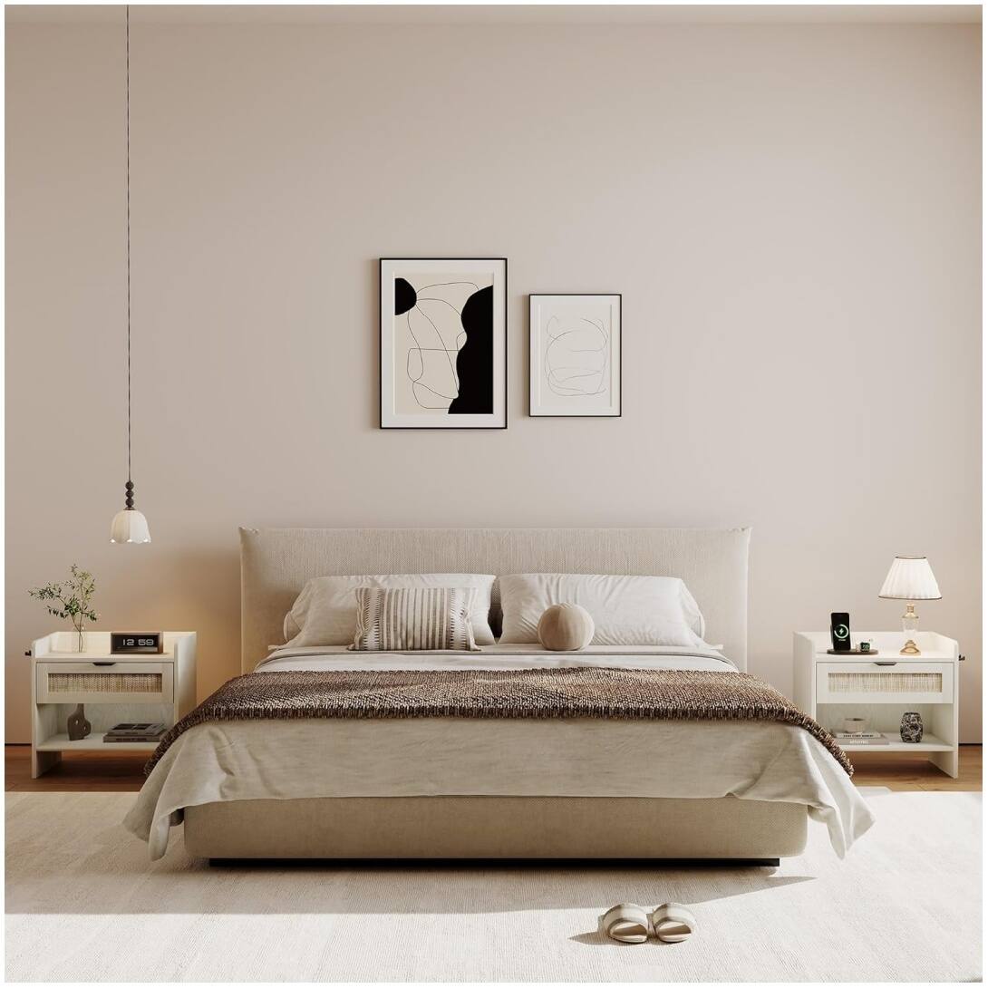 Alt View 2. GARVEE - Rattan Nightstand Set of 2, Bedside Table with Type-C Charging Station - 1 Drawer & Open Storage Space, White - White.