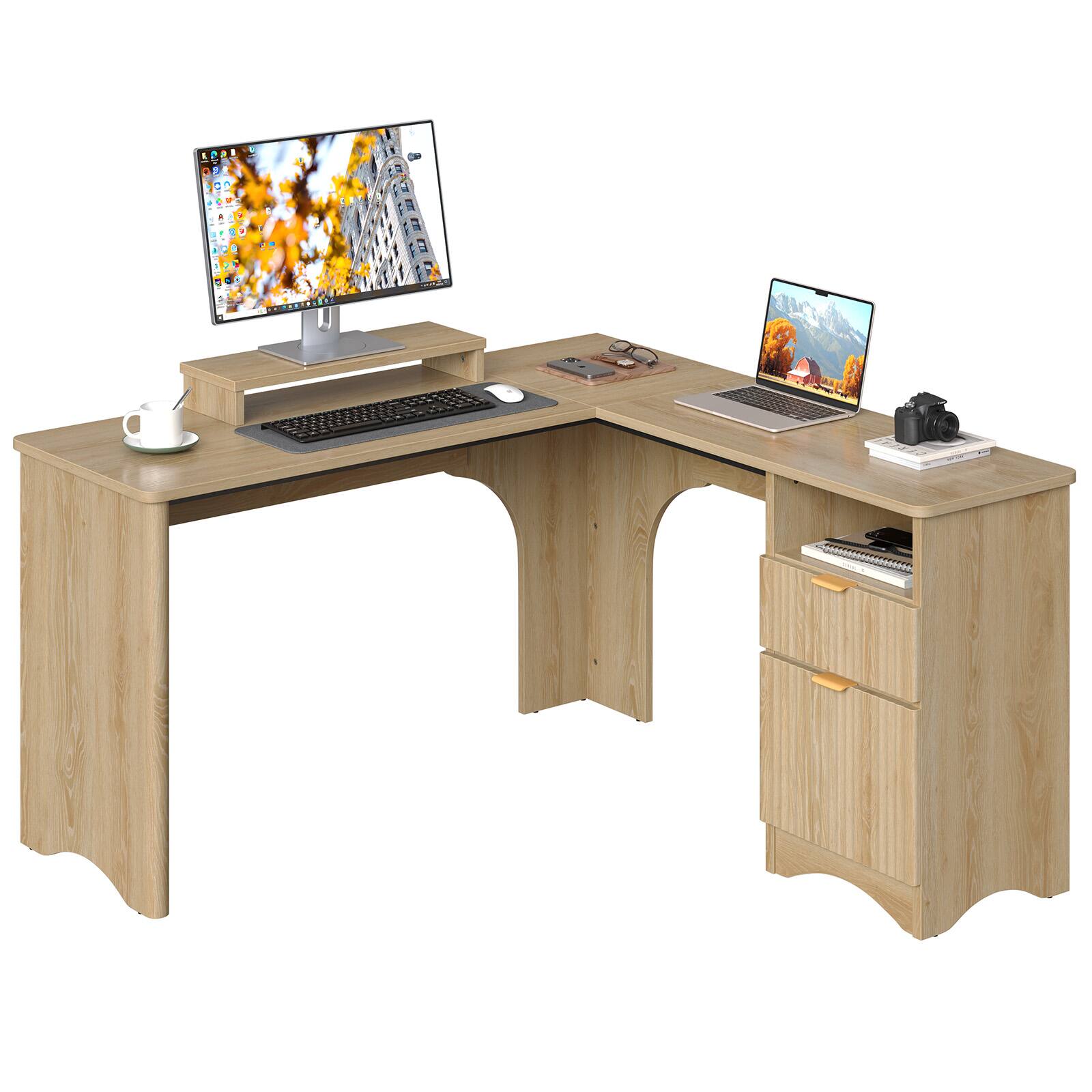 Angle. Bestier - 55inch L-Shaped Computer Desk with File Drawer Monitor Stand and Fluted Panels Office Desk - Natual Oak.