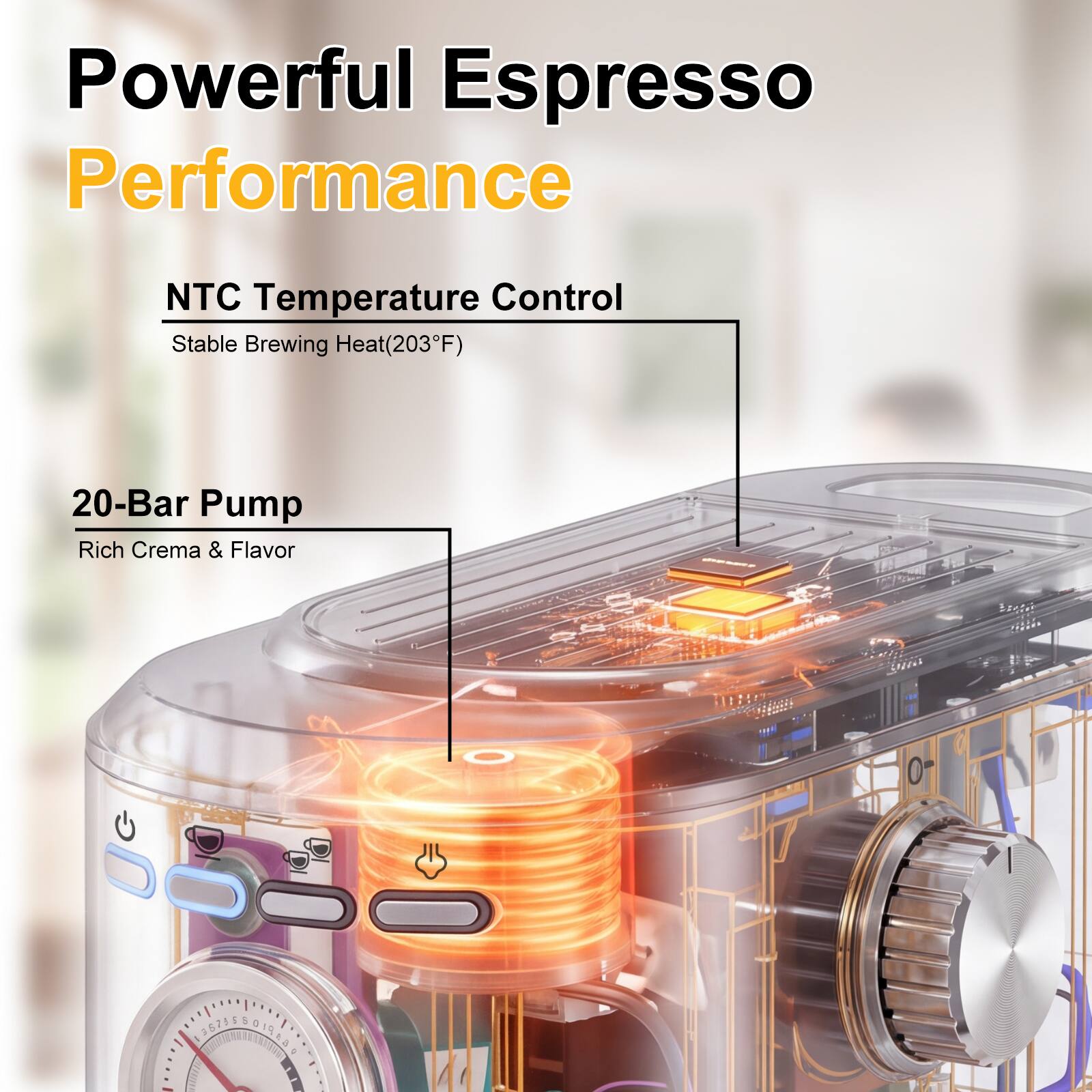 Powerful Espresso Performance

NTC Temperature Control
Stable Brewing Heat(203°F)

20-Bar Pump
Rich Crema & Flavor
