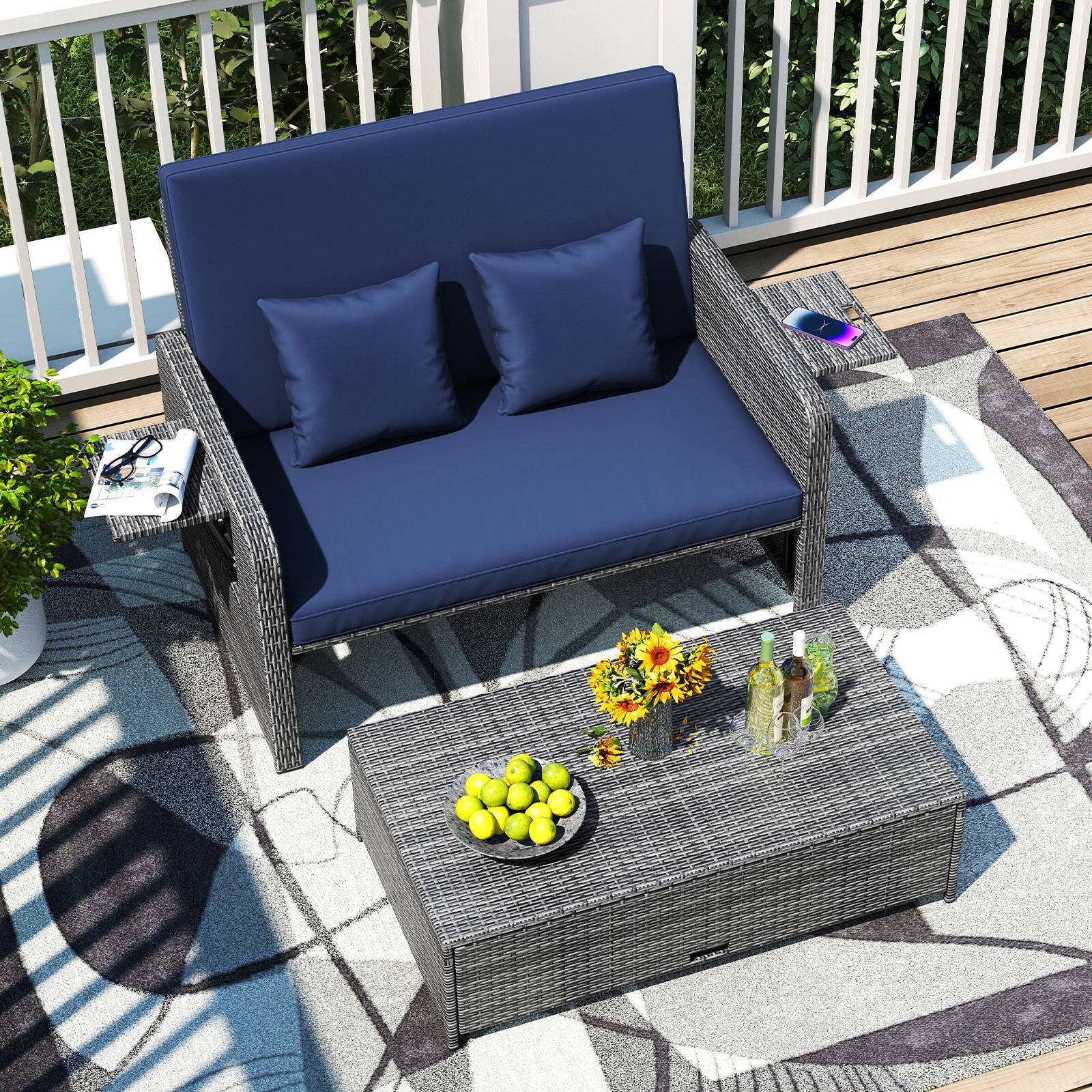 Alt View 3. Gymax - Gymax Rattan Daybed Wicker Loveseat Sofa Set w/ Ottoman & Retractable Side Tray Patio Navy - Navy.