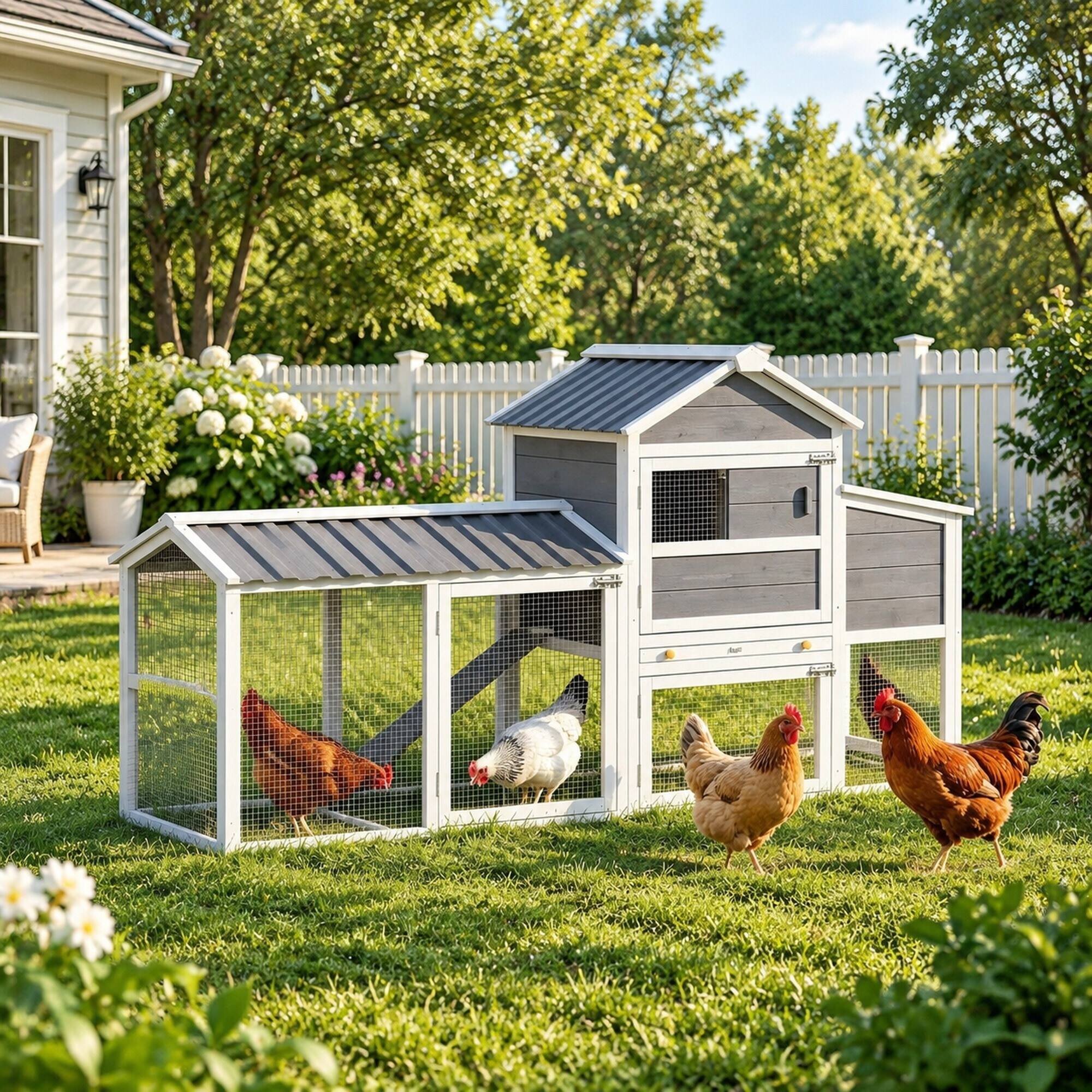 Alt View 2. RYHNUYNE - Wooden Chicken Coop with Wheels, 79.5 in Outdoor Hen House, 12.3 sq ft Run, Nesting Box, Pull-Out Tray, Gray.