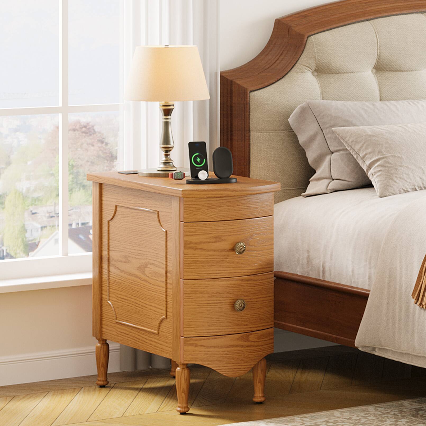 Alt View 3. Anysun - End Table with Charging Station & 2 Drawers - Vintage Slim Nightstand, Solid Wood Feet, Pre-Assembled for Living Room - Brown.