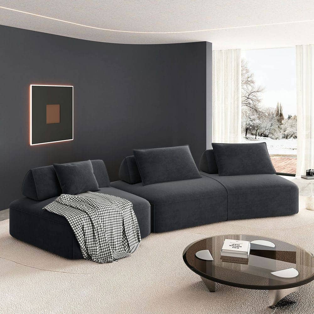 Resenkos - 139" Modular Sectional Sofa Set, DIY Configuration with Fluffy Chenille and Removable Backrests, Dark Grey - Gray