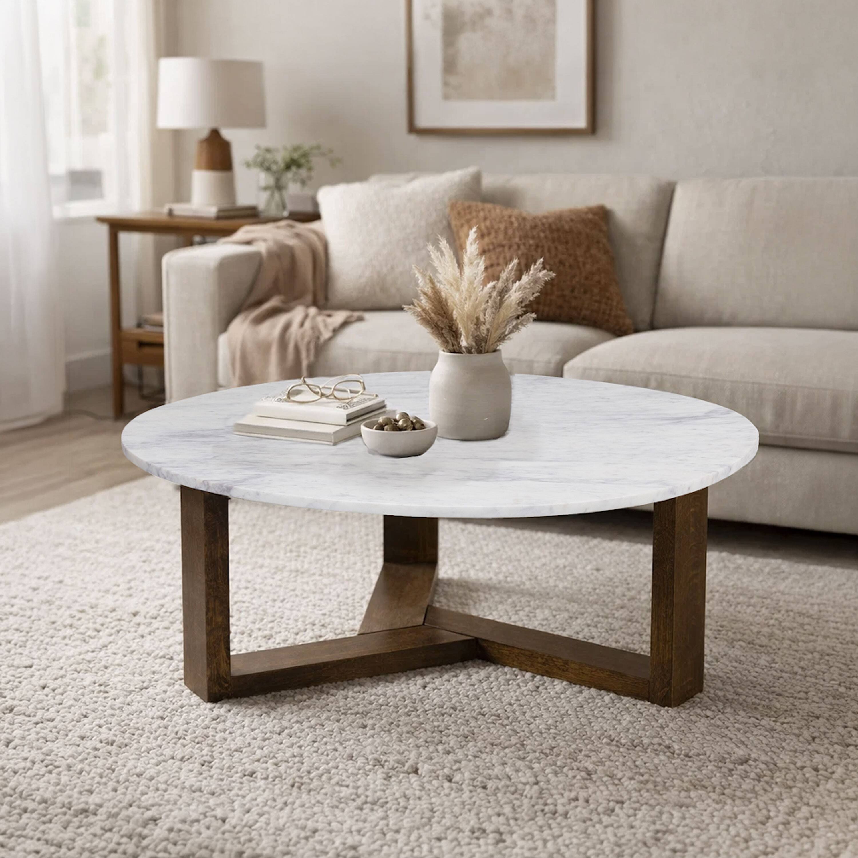 Alt View 7. Manhattan Lane - Fina 38 Inch Round Coffee Table, White Genuine Marble Top, Natural Brown Mango Wood 3 Leg Sled Base - White, Natural Brown.