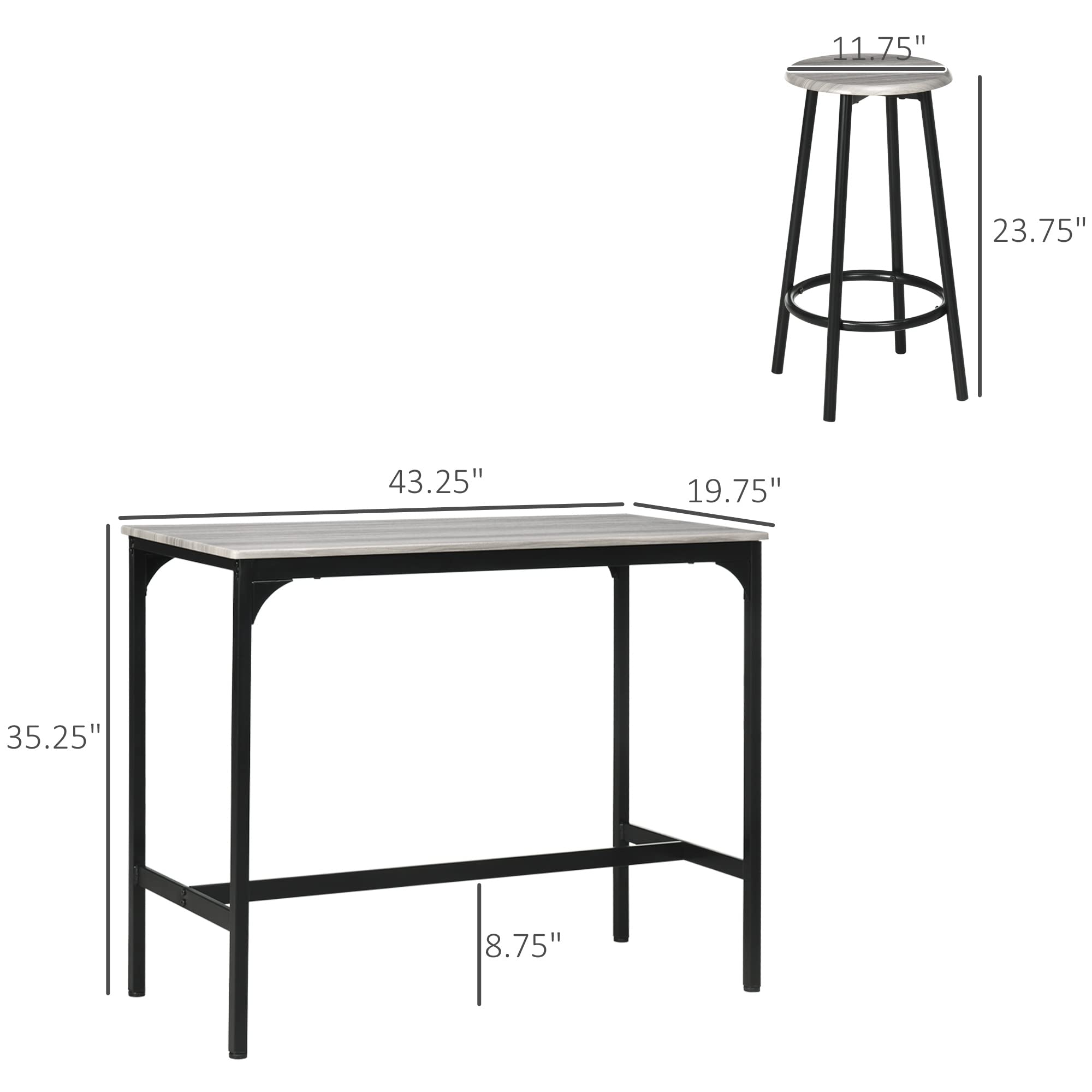 - Table dimensions: 43.25" (width) x 35.25" (depth) x 35.25" (height)
- Stool dimensions: 11.75" (seat diameter) x 23.75" (height)