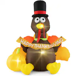 Costway - 5 FT Inflatable Turkey Thanksgiving Decoration with Pumpkin Blow up LED Lights - Black