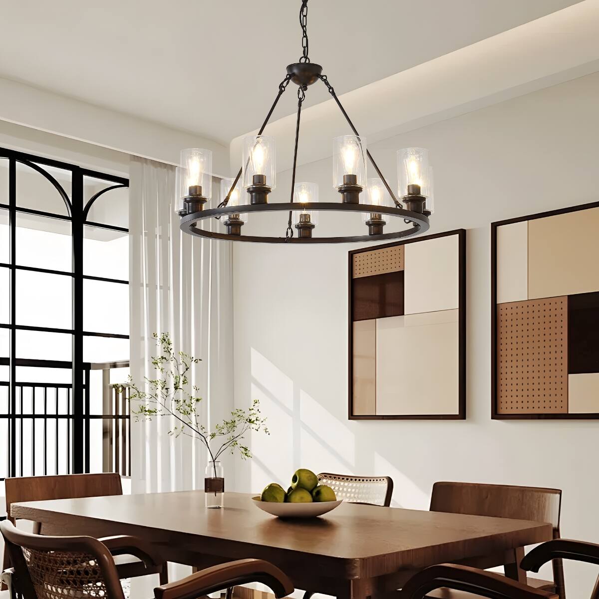 Angle. Loheer - Loheer 9 Light Wagon Wheel Chandelier Modern Farmhouse Brown Metal Dining Room Pendant.