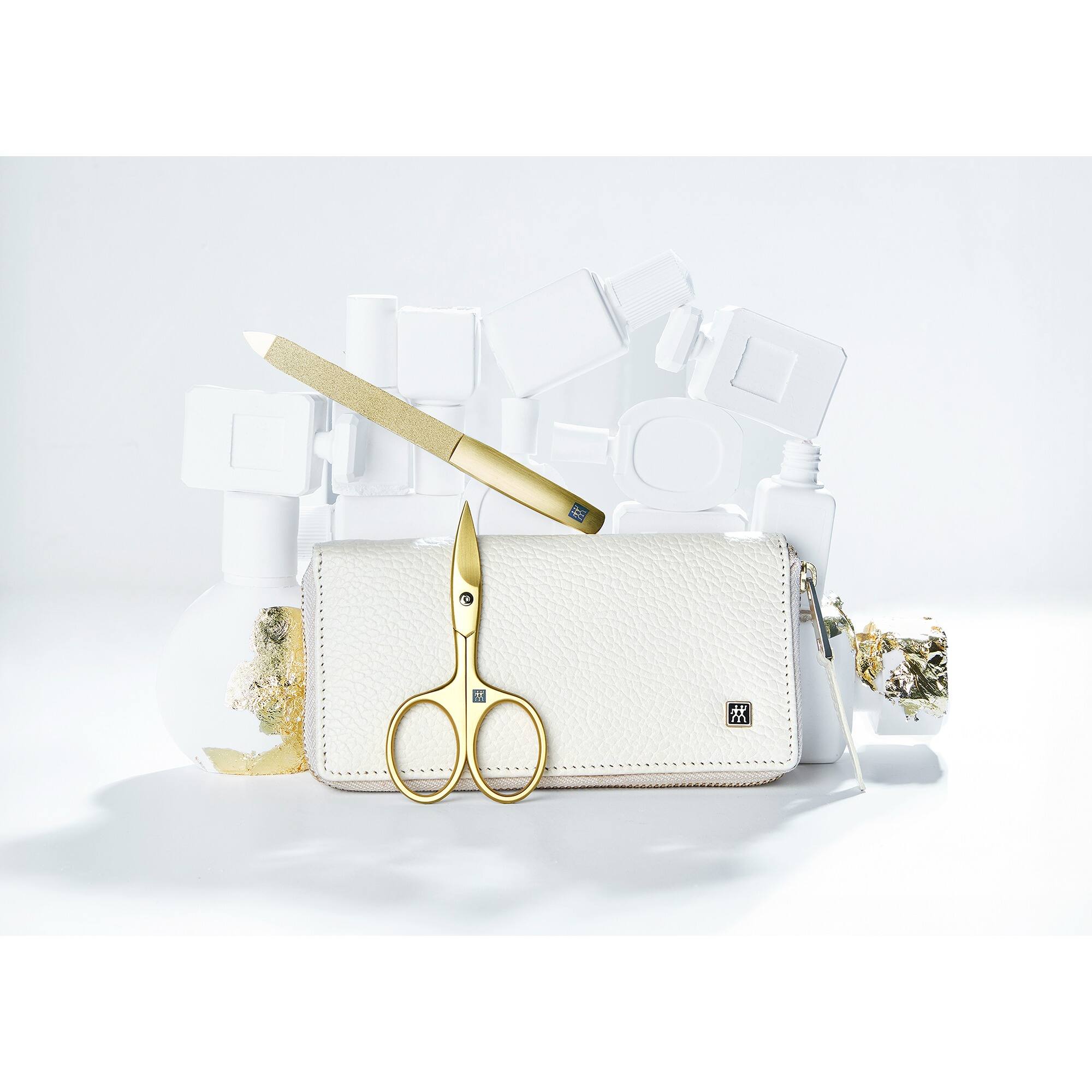 Alt View 2. ZWILLING - ZWILLING Beauty Premium 6-pc Manicure Set Gold Edition with White Leather Case, nail scissors - off-white.