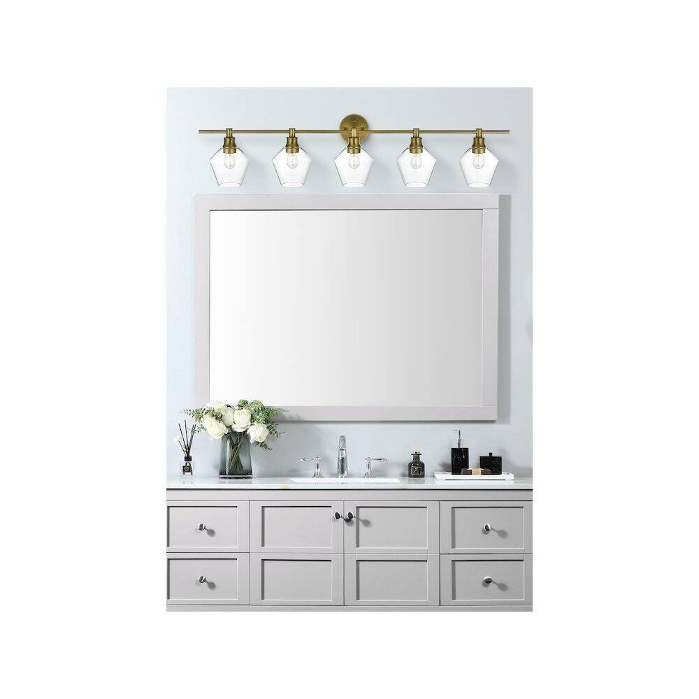 Alt View 4. Living District - Gene 5 Light Satin Gold and Clear Glass Wall Sconce - Satin Gold.