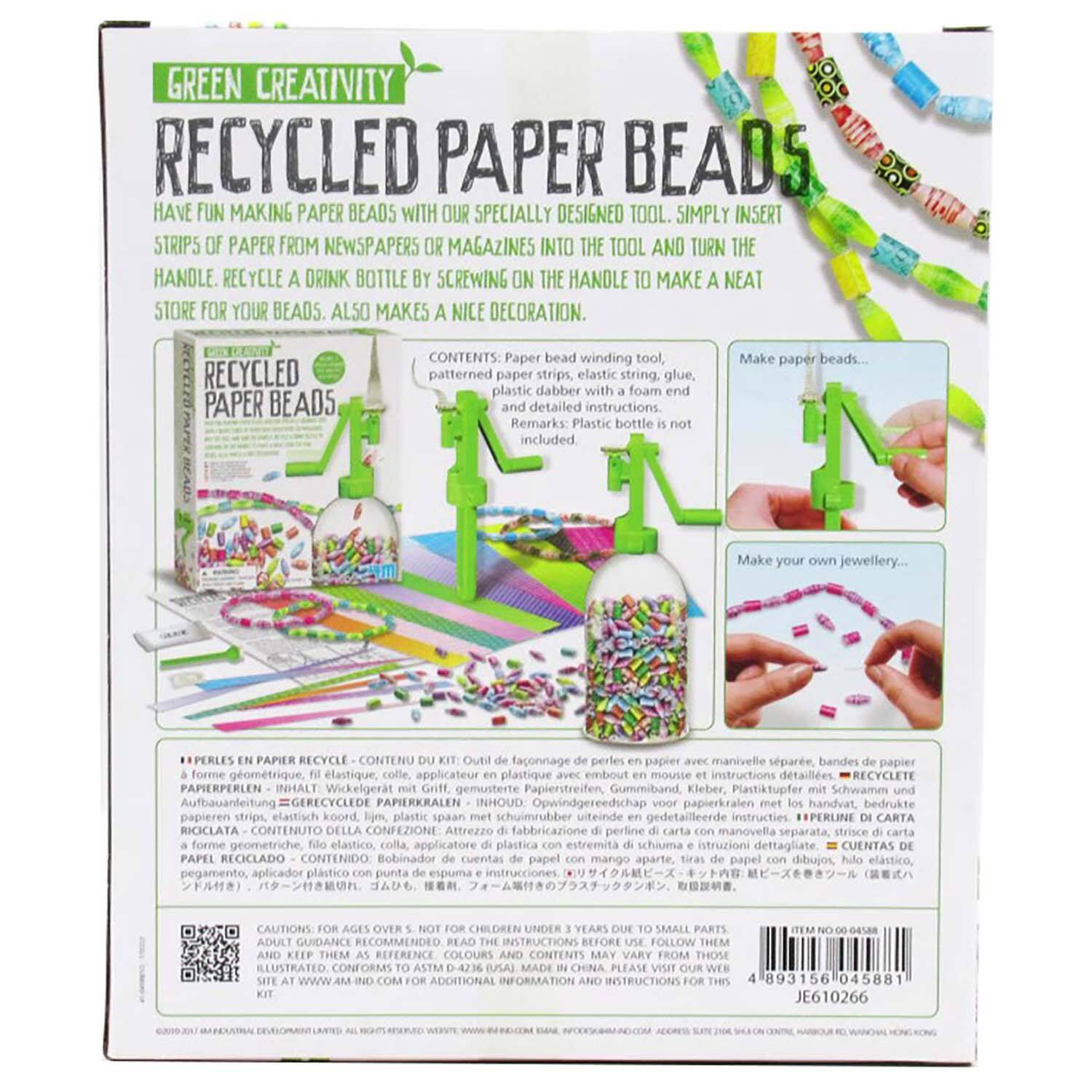 GREEN CREATIVITY RECYCLED PAPER BEADS HAVE FUN MAKING PAPER BEADS WITH OUR SPECIALLY DESIGNED TOOL. SIMPLY INSERT STRIPS OF PAPER FROM NEWSPAPERS OR MAGAZINES INTO THE TOOL AND TURN THE HANDLE. RECYCLE AN INK BOTTLE BY SCREWING ON THE HANDLE TO MAKE A NEAT STORE FOR YOUR BEADS. ALSO MAKES NICE DECORATION. CONTENTS: Paper bead winding tool, Make paper beads with our specially designed tool, Recycle patterned paper strips, elastic string, glue, plastic dabber with foam. Paper beads detailed instructions. Remarks: Plastic bottle included. Make your jewellery... Perles papier recycle. Contenu: Faonnage perles papier manivelle spare, bandes papier forme gomtrique, lastique, colle, applicateur plastique embout mousse instructions dtailles. Recycle paper beads. Inhalt: Wickelgert gemusterte Papierstreifen Gummiband Kleber, Plastiktupfer Schwamm Aufbauanfeitung. Gerecyclede papierkralen inhoud. Opwindgereedschap papierkralen handwat. Bedrukte papieren strips. Hastisch koord plastic.
