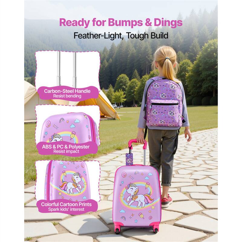Ready for Bumps & Dings  
Feather-Light, Tough Build  

- Carbon-Steel Handle  
  Resist bending  

- ABS & PC & Polyester  
  Resist impact  

- Colorful Cartoon Prints  
  Spark kids' interest