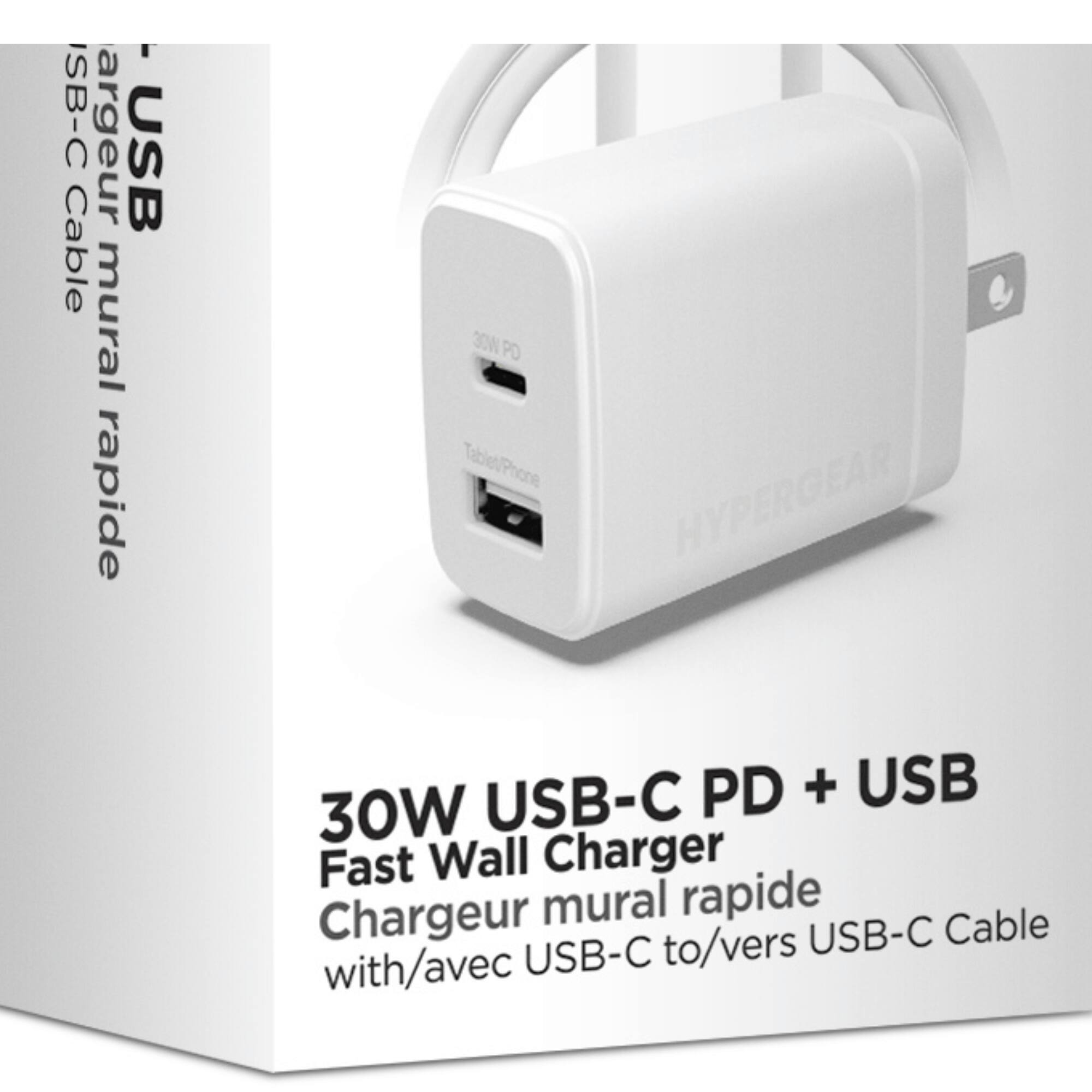 USB-C PD + USB 30W Fast Wall Charger
Chargeur mural rapide
Tablet/Phone
USB-C Cable
with/avec USB-C