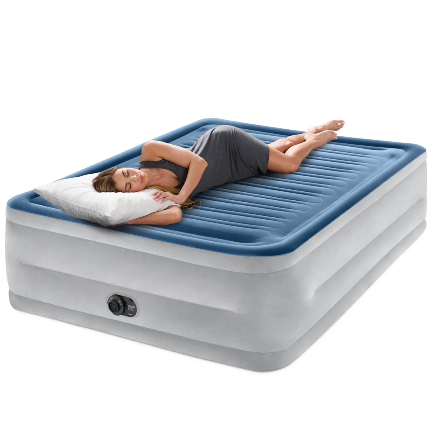 Alt View 1. Intex - Dura-Beam Deluxe Comfort-Plush Air Mattress - 22" Queen Blue - Built-In Electric Pump, 600lb Capacity - Blue.