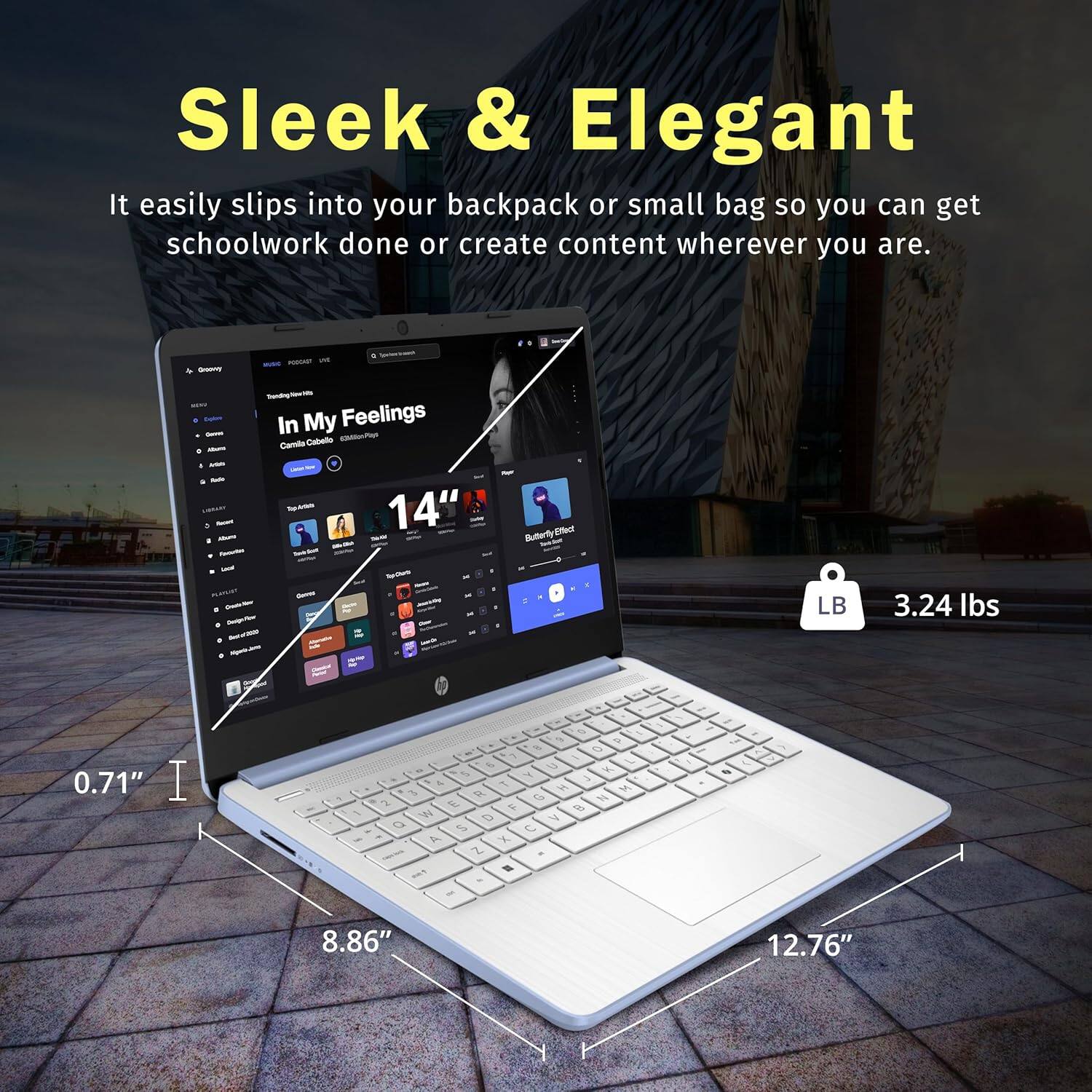 Sleek & Elegant  
It easily slips into your backpack or small bag so you can get schoolwork done or create content wherever you are.  

- 14"  
- 0.71"  
- 8.86"  
- 12.76"  
- 3.24 lbs