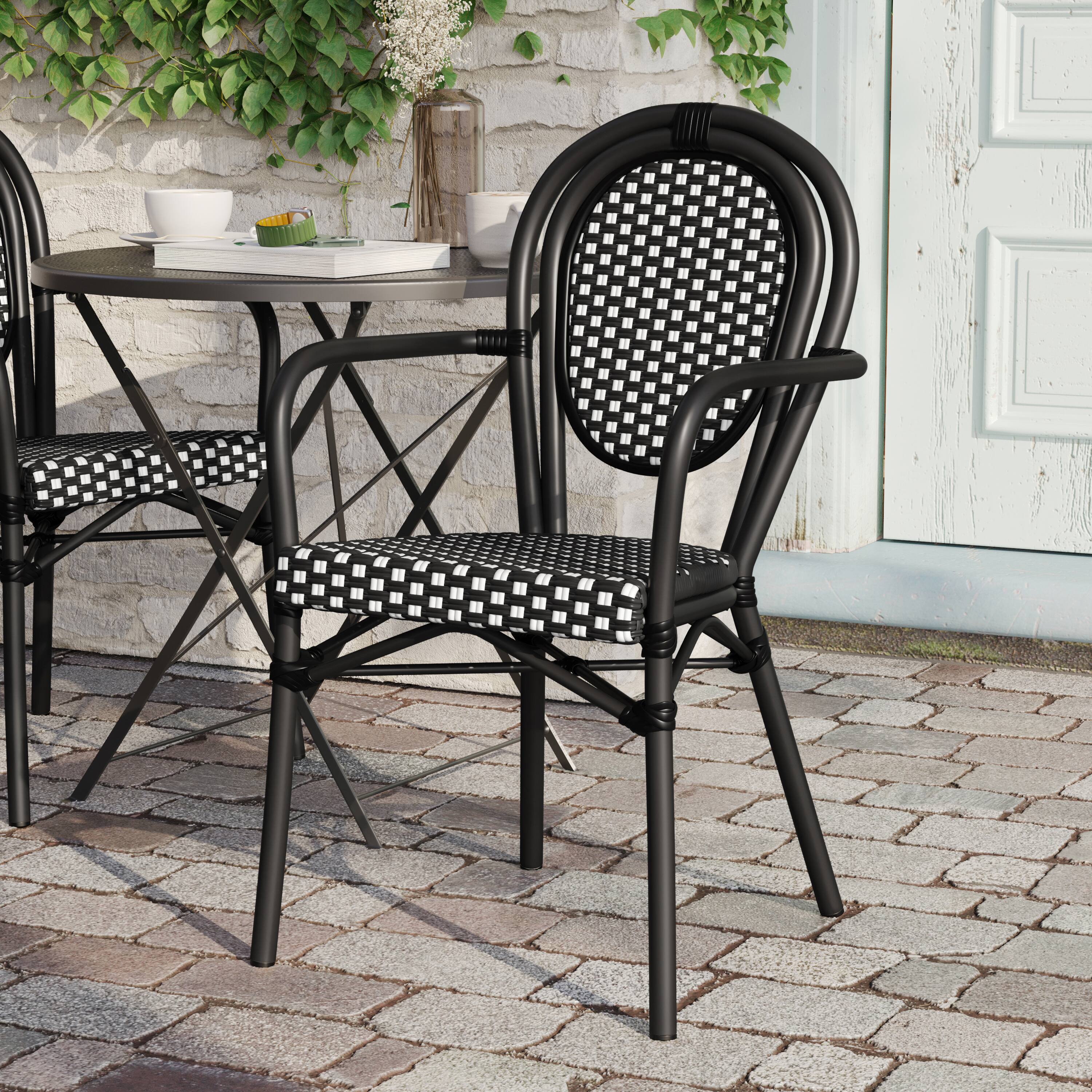 Alt View 2. Flash Furniture - Lourdes Indoor/Outdoor Commercial Thonet Bistro Stacking Chair with Arms, Black and White PE Rattan and Black Aluminum F - Black.