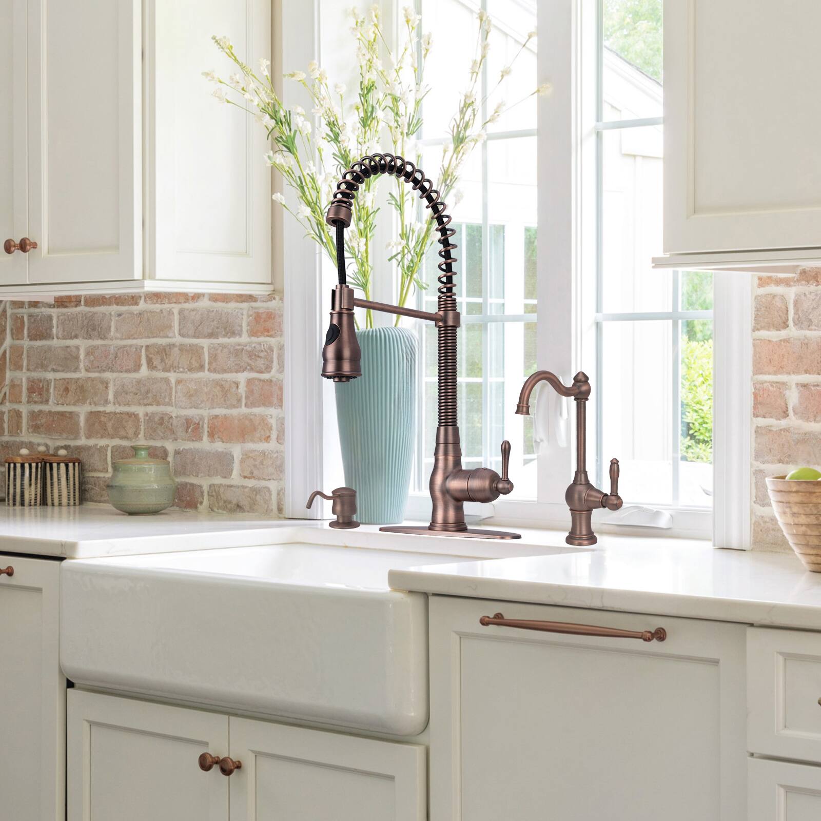 Alt View 4. Akicon - Akicon Pre-Rinse Spring Solid Brass Single Handle Kitchen Faucet with Pull Down Sprayer in Antique Brass - Antique Brass.