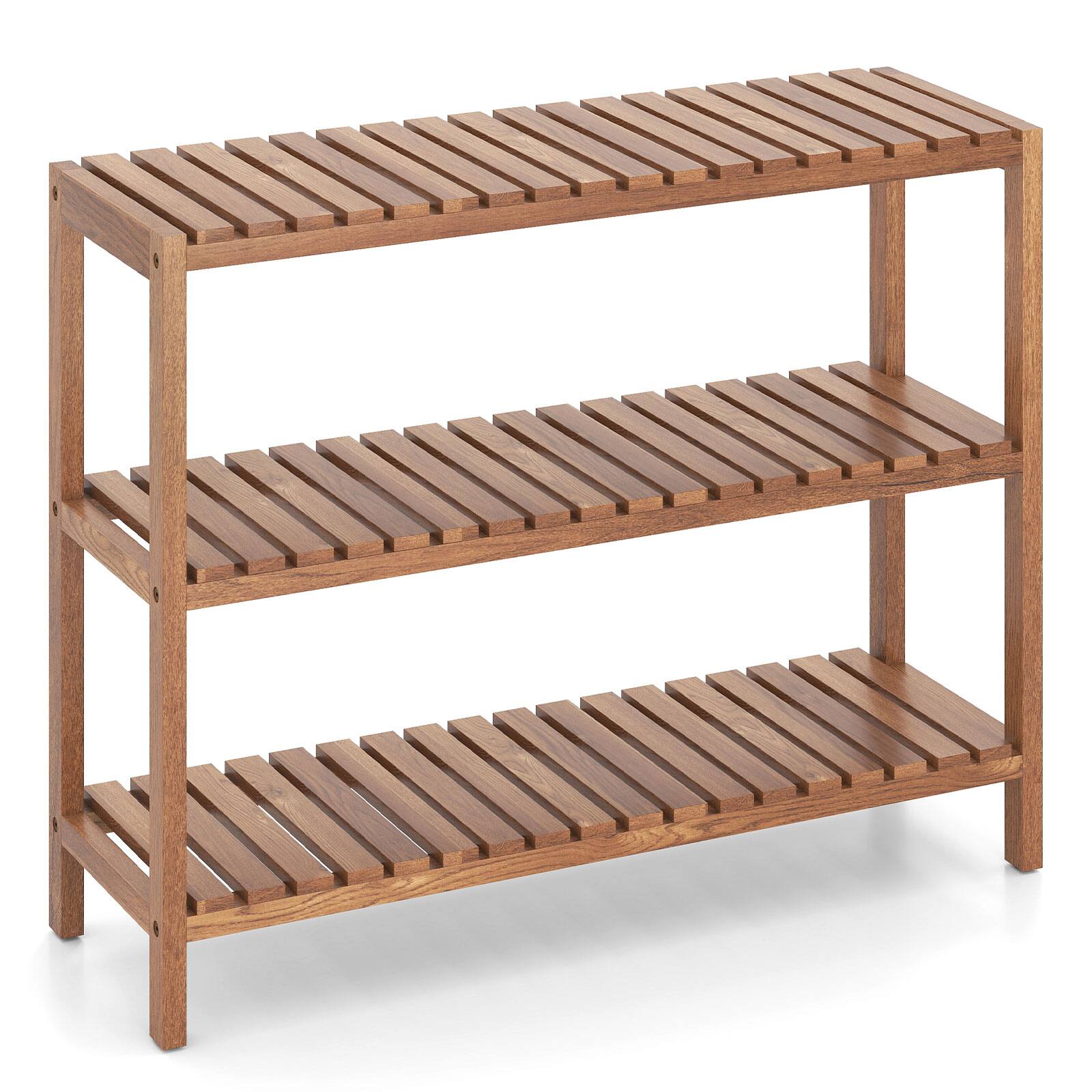Alt View 9. Gymax - Gymax 3-Tier Side Table Teak Wood Stand Utility Storage Shelf Organizer Entryway Bench - Natural.