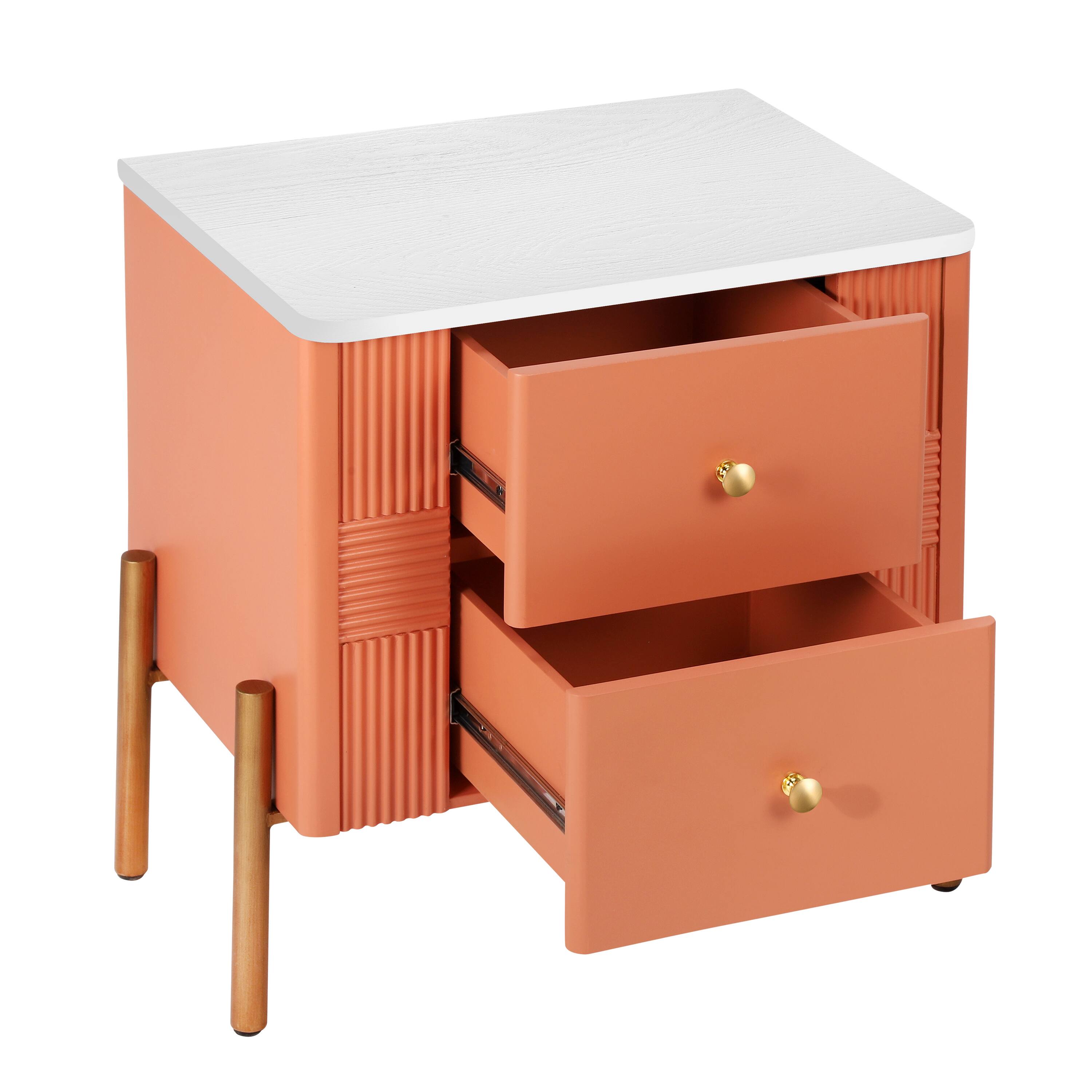 Alt View 5. Spaco - Spaco Modern Nightstand with Style - Fluted Design, 2 Drawers, Golden Handles & Legs - Ideal for Bedroom & Living - Orange.