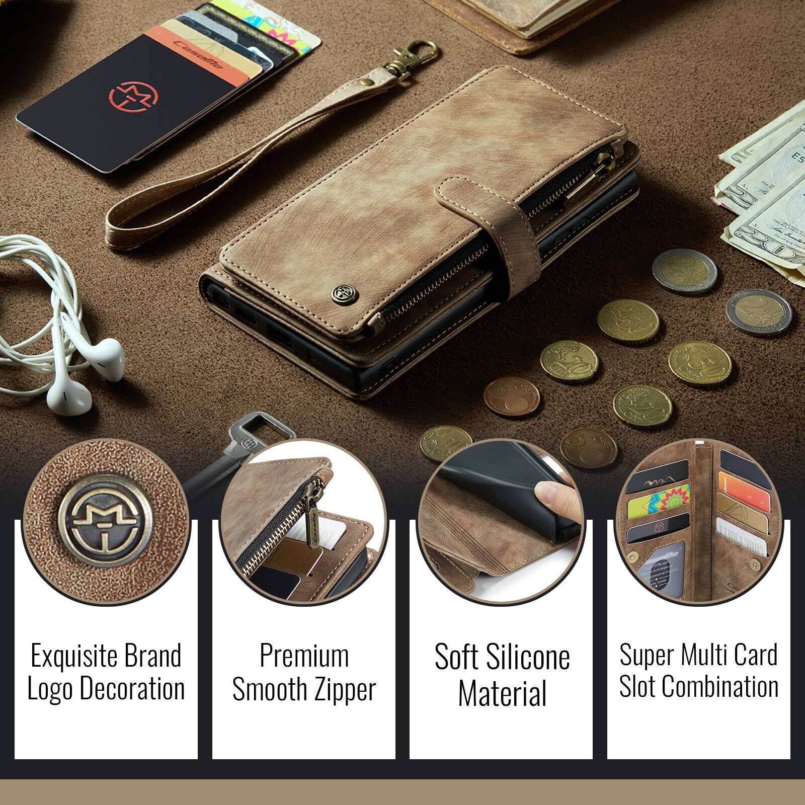 Exquisite Brand Logo Decoration  
Premium Smooth Zipper  
Soft Silicone Material  
Super Multi Card Slot Combination