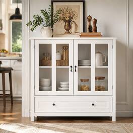 RYHNUYNE - Freestanding Buffet Storage Cabinet with Double Glass Doors and Bell Handle, Dining Sideboard - White
