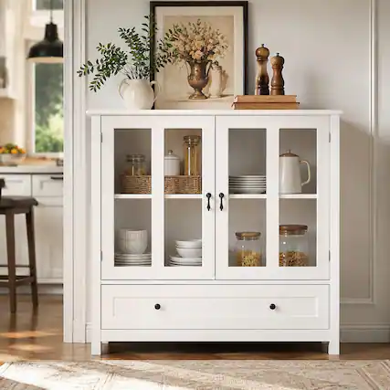 Front. RYHNUYNE - Freestanding Buffet Storage Cabinet with Double Glass Doors and Bell Handle, Dining Sideboard - White.