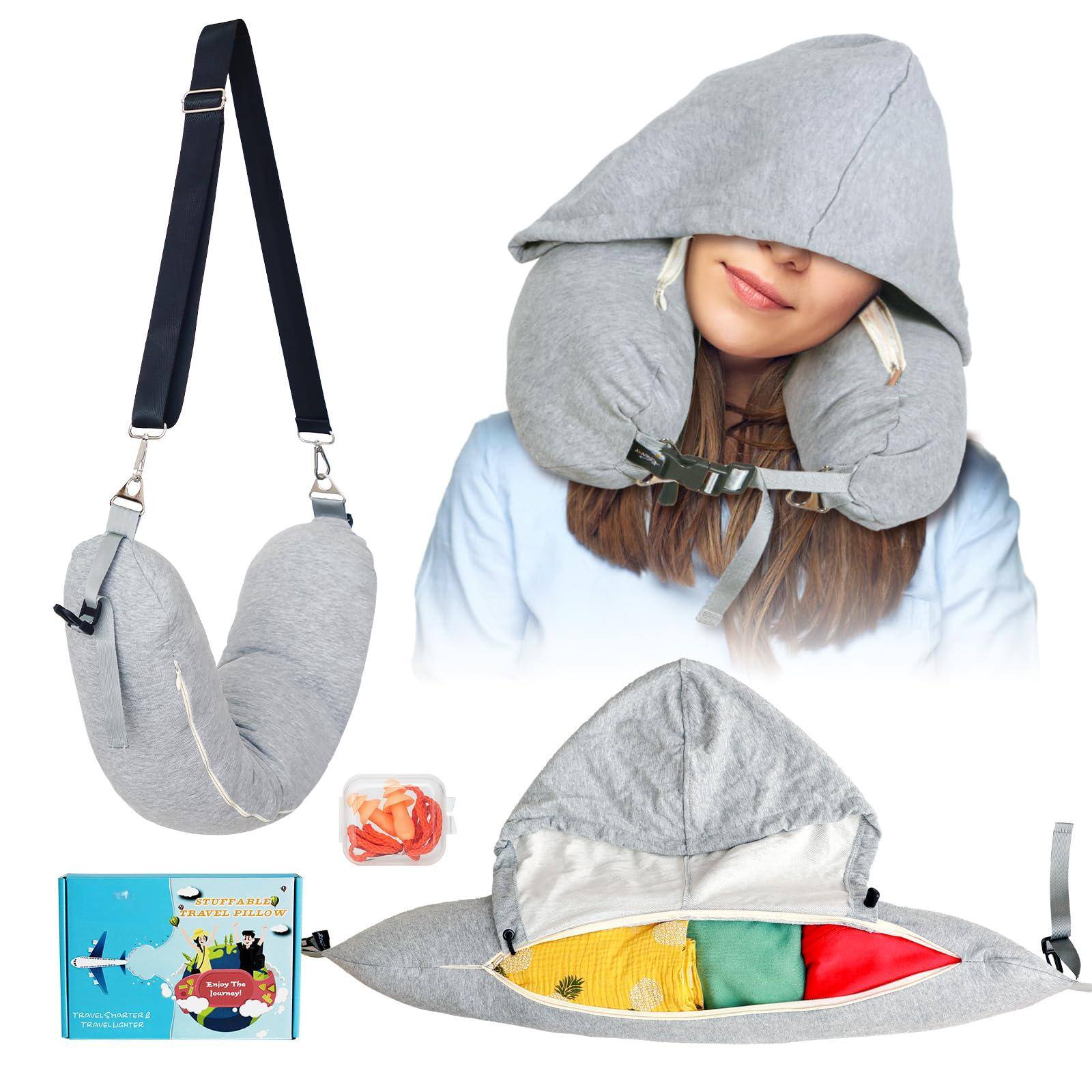 Fabibe - Stuffable Neck Pillow For Travel With Hood Hoodie Clothes Fillable Storage Bag Soft Empty Case Packable Airplane - Light Gray