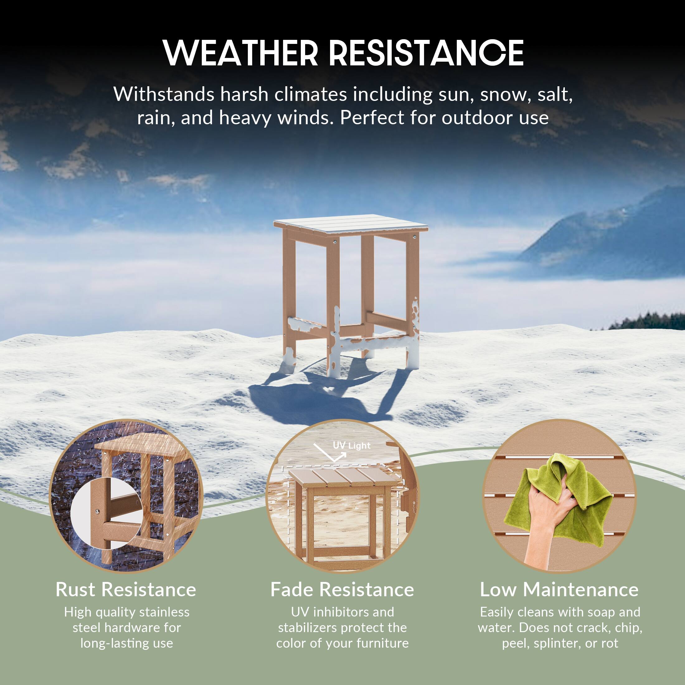 WEATHER RESISTANCE  
Withstands harsh climates including sun, snow, salt, rain, and heavy winds. Perfect for outdoor use.

- Rust Resistance  
  High quality stainless steel hardware for long-lasting use

- Fade Resistance  
  UV inhibitors and stabilizers protect the color of your furniture

- Low Maintenance  
  Easily cleans with soap and water. Does not crack, chip, peel, splinter, or rot