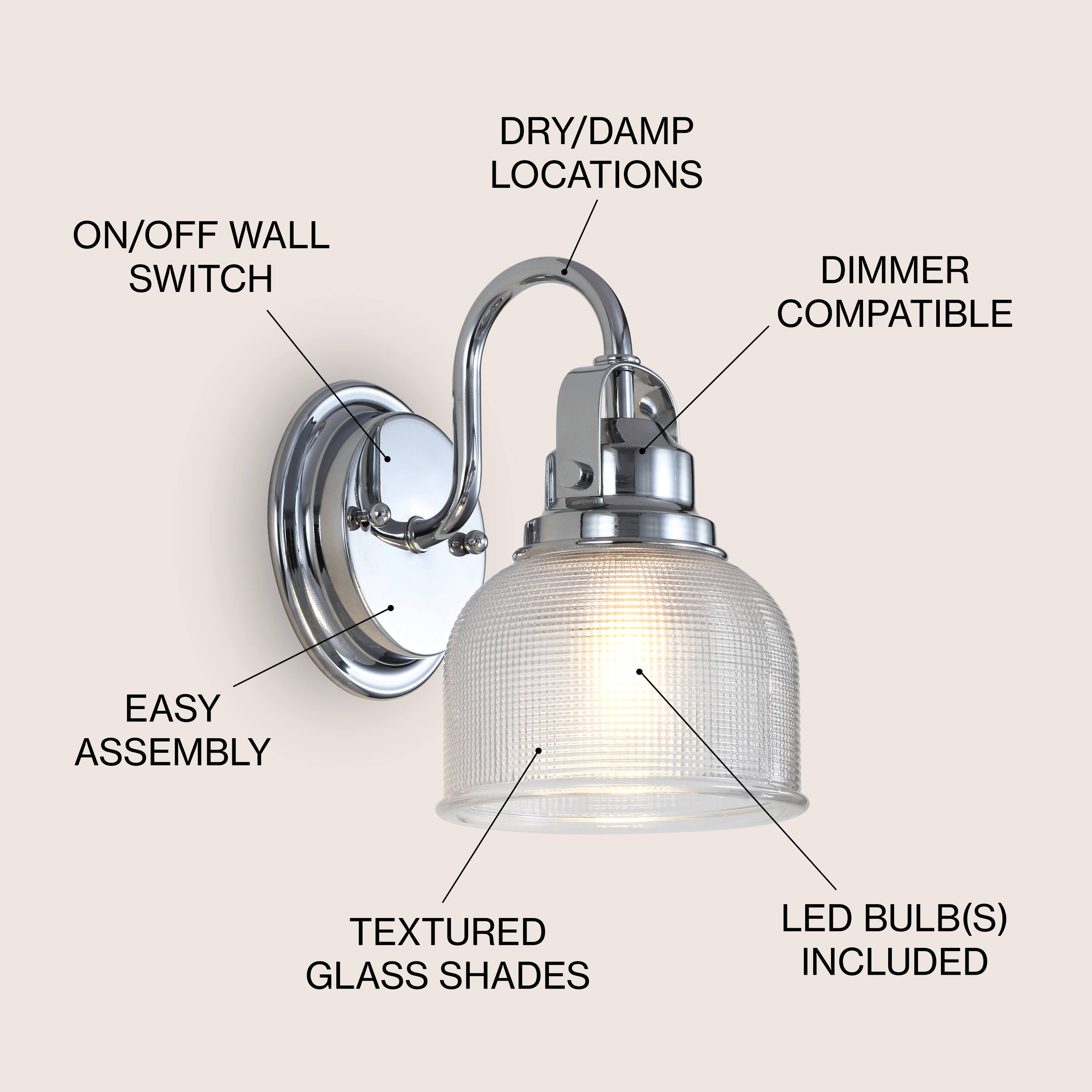 ON/OFF WALL SWITCH  
DRY/DAMP LOCATIONS  
DIMMER COMPATIBLE  
EASY ASSEMBLY  
TEXTURED GLASS SHADES  
LED BULB(S) INCLUDED