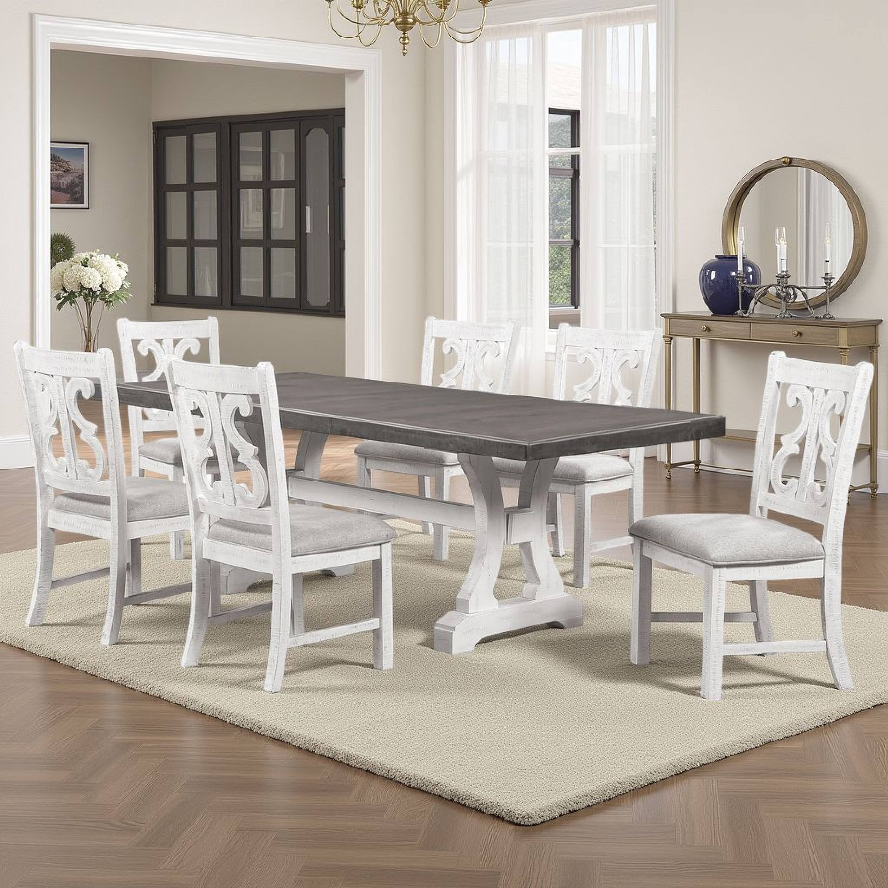 Alt View 5. Manhattan Lane - Eya 7pc Dining Table and Chair Set, Distressed White Wood, Gray Fabric - White, Gray.