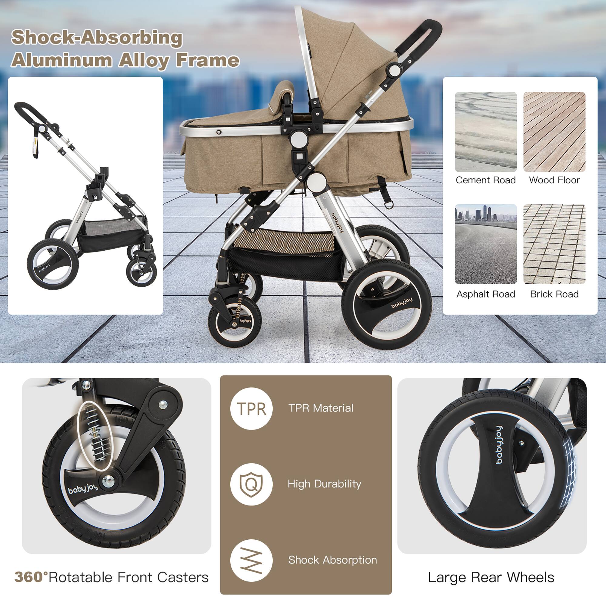 Shock-Absorbing Aluminum Alloy Frame

Cement Road  
Wood Floor  
Asphalt Road  
Brick Road  

360° Rotatable Front Casters  

TPR Material  
High Durability  
Shock Absorption  

Large Rear Wheels