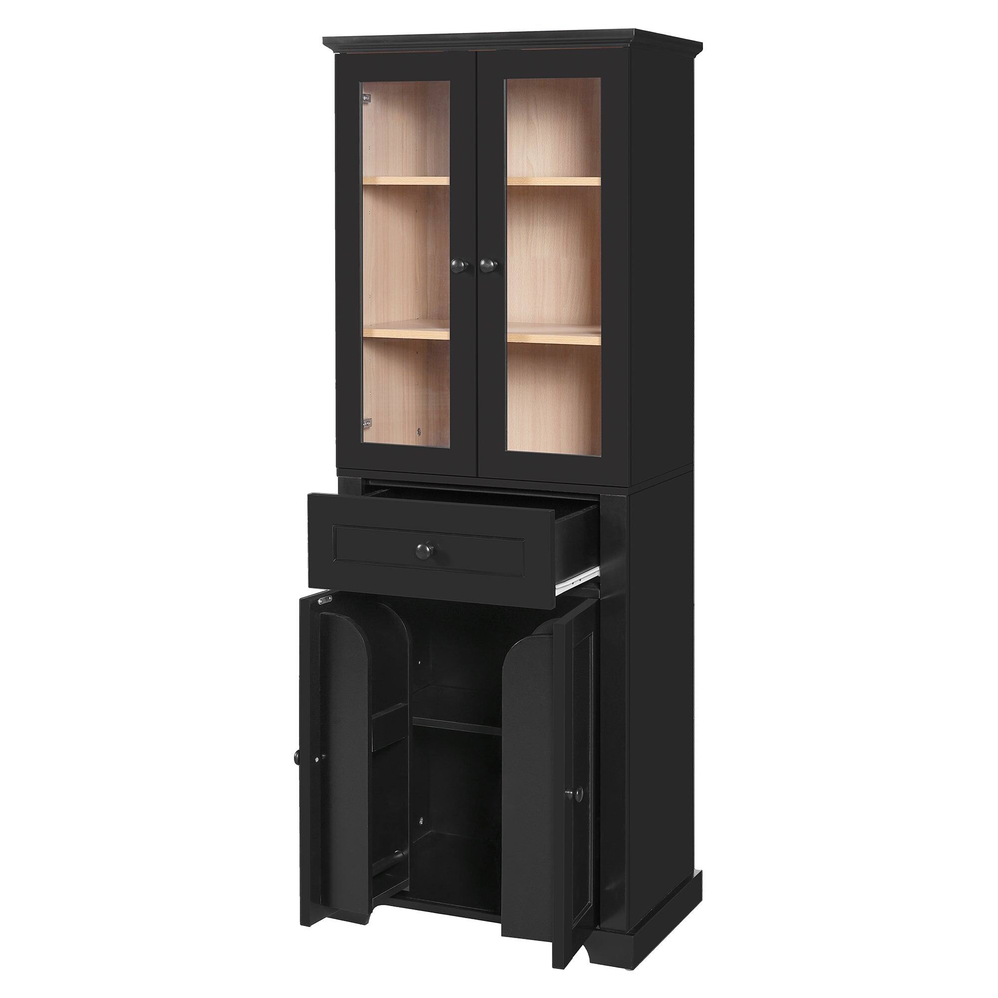Left. Boyel Living - 67.2 Inch Black Tall Bathroom Storage Cabinet with Tempered Glass Doors Adjustable Shelves Drawer Soft Close Linen Tower - Black.