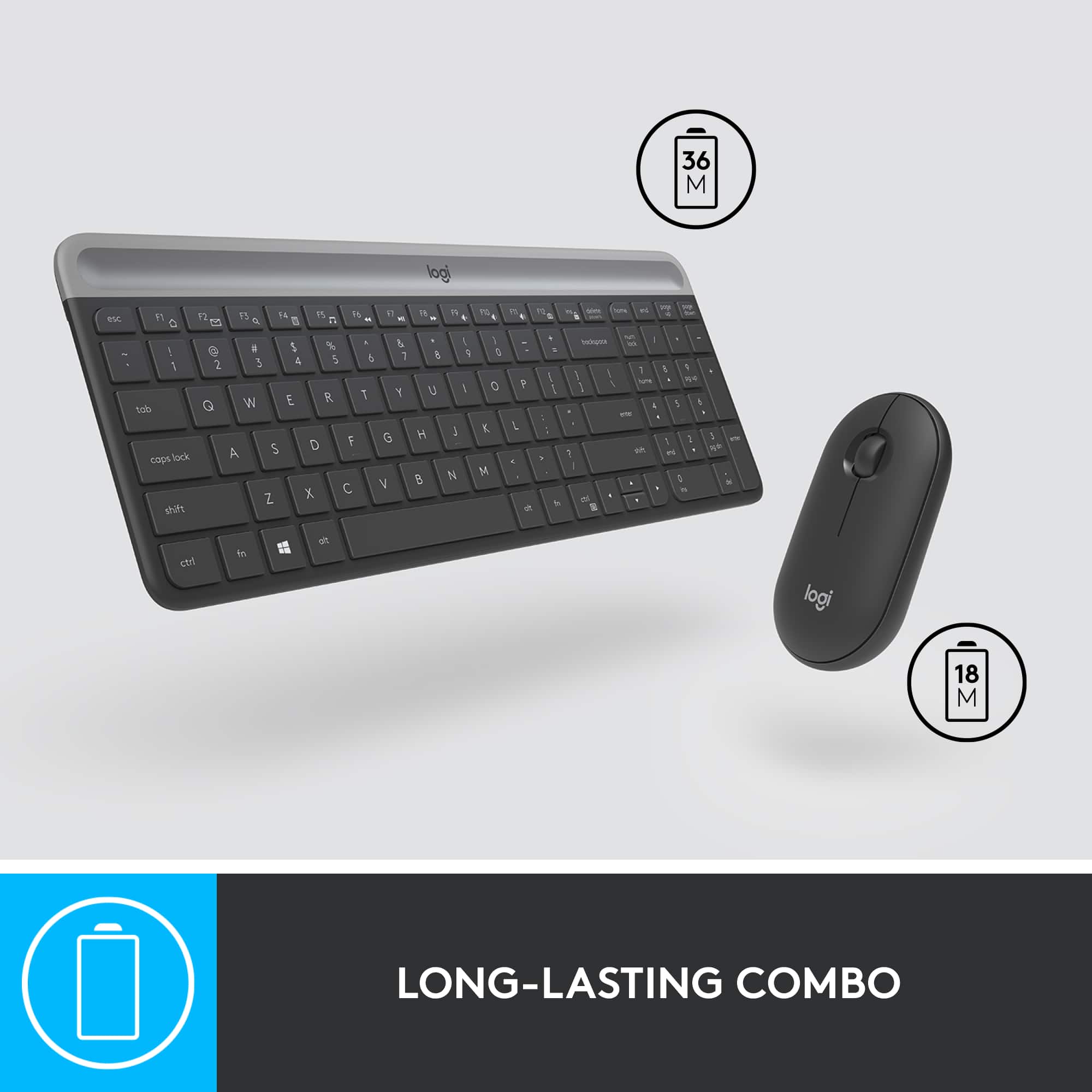 Long-lasting combo: Logitech keyboard and mouse with a 36-month battery life.